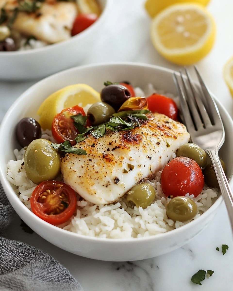 Mediterranean Fish Bake, Healthy Mediterranean Fish Recipes, Easy Fish Dinner, Seaside Fish Dish, Vibrant Seafood Recipes The image shows a white baking dish with two thick white fish fillets placed side by side on top of a bed of colorful vegetables. The vegetables underneath include green and black olives, small whole and halved red cherry tomatoes, and some green bell pepper slices. The fish fillets are seasoned with small herbs and bits of garlic, and each fillet has a few cherry tomatoes and olives resting on top. A silver spoon is placed inside the dish at the back right corner, holding some of the vegetables. The dish is set on a white marbled surface with a striped cloth partially visible underneath.