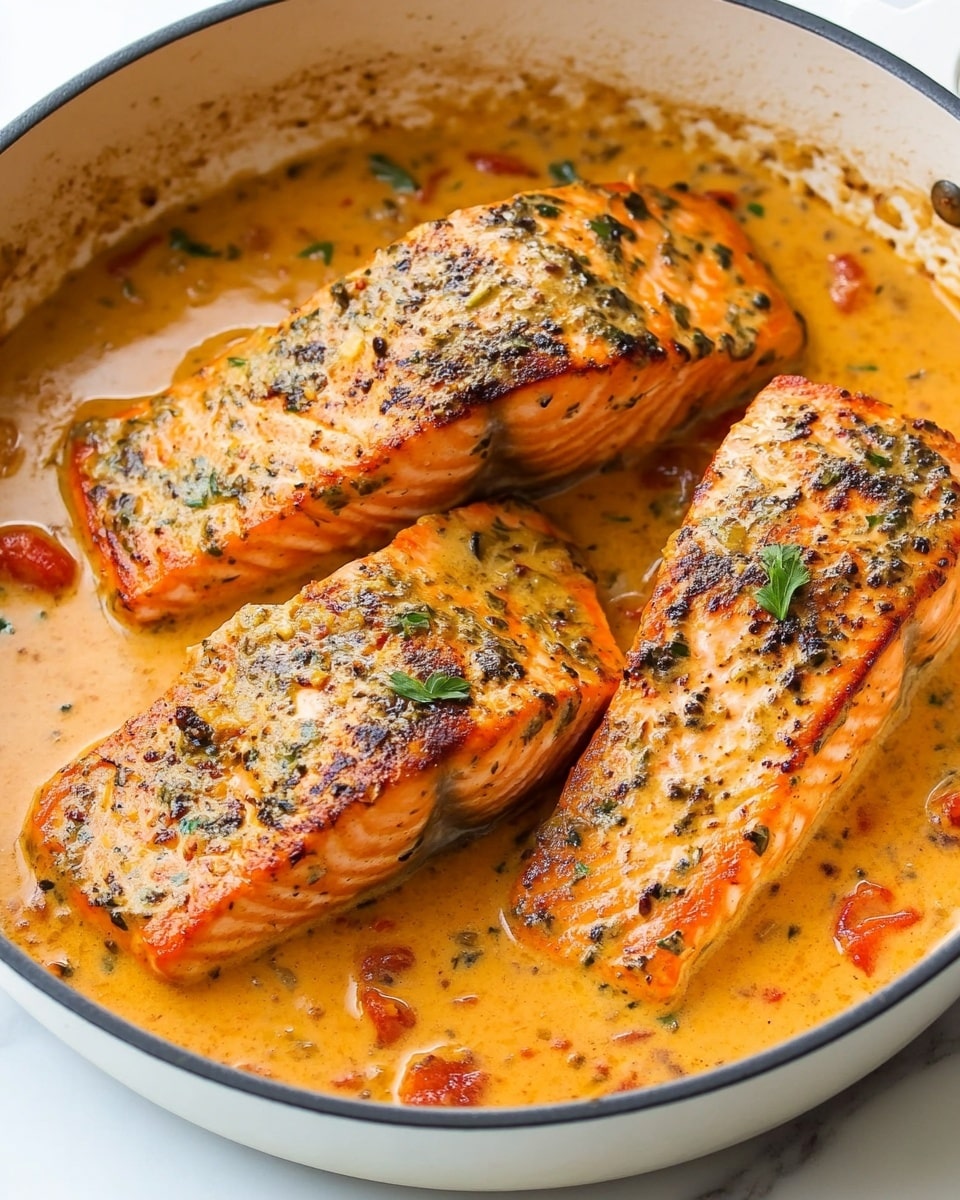 Marry Me Salmon with Sun-Dried Tomato Cream Sauce, salmon dinner recipes, easy seafood recipes, quick weeknight salmon dish, romantic salmon dinner The image shows three pieces of cooked salmon in a white pan filled with orange creamy sauce that has small bits of herbs and tomatoes. The salmon pieces are thick, with a crispy, browned outside, and are placed close to each other on the sauce layer that covers the pan bottom. The sauce is thick with visible textures of herbs and diced ingredients, adding a rich and colorful contrast to the pinkish salmon. The pan is on a white marbled surface.