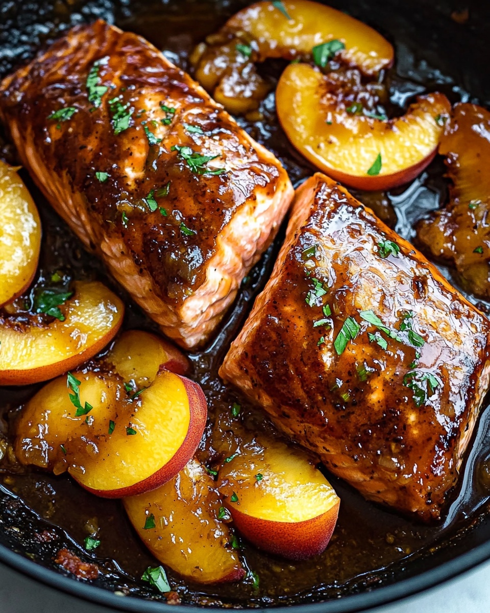 Bourbon Peach Roasted Salmon, Peach Glazed Salmon, Easy Salmon Recipes, Healthy Seafood Dinner, Sweet and Savory Salmon The image shows thick pieces of cooked salmon in a pan, each piece topped with a glossy, caramel-colored orange slice. The salmon has a moist, flaky texture with a pinkish interior and a glazed, brownish exterior. The pan is filled with a shiny sauce that looks sticky and rich, covering the bottom and parts of the salmon. Small green herb pieces are scattered lightly on top, adding a splash of color. The background is a white marbled surface.