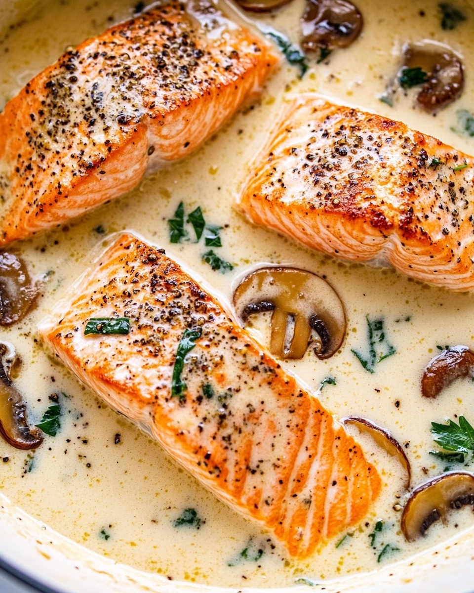 Tuscan Salmon with Parmesan Cream Sauce, flavorful salmon dish with sun-dried tomatoes and spinach, easy gourmet salmon dinner, creamy Parmesan salmon recipe, restaurant-style salmon dish A round white pan holds four golden brown fillets of fish cooking in a rich creamy sauce that is light yellow with specks of black pepper. The fillets are placed side by side, partially submerged in the sauce. Around the fish, there are dark green leafy herbs and pieces of brown mushrooms. A silver spoon is resting inside the pan on the right edge. The background shows a small white bowl with a soft texture substance inside, all set on a white marbled surface.