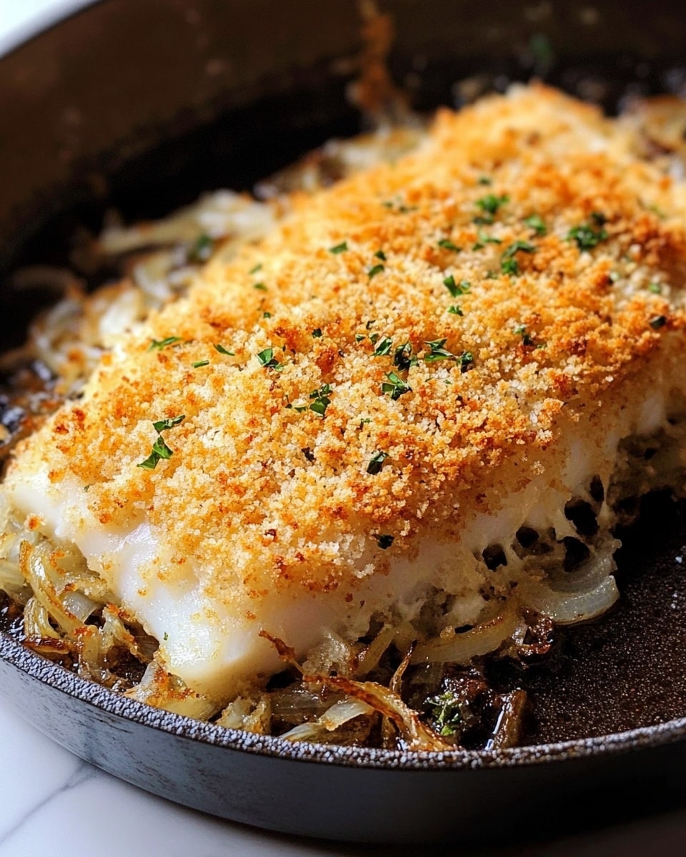 Boston Baked Cod in Wine and Lemon Sauce, baked cod with lemon and wine, seafood recipes with lemon and wine, easy baked fish recipes, elegant fish dinner ideas The image shows a close-up of crispy baked pieces with a golden, crunchy breadcrumb coating on top, speckled with green herbs. The inside reveals white flaky layers underneath the crumb crust. The pieces sit on a base of soft, caramel-colored cooked onions, creating a textured layer below. A silver spoon lifts one of the pieces, showing the fluffy inside and the crunchy outside. Everything is in a black pan placed on a white marbled surface.