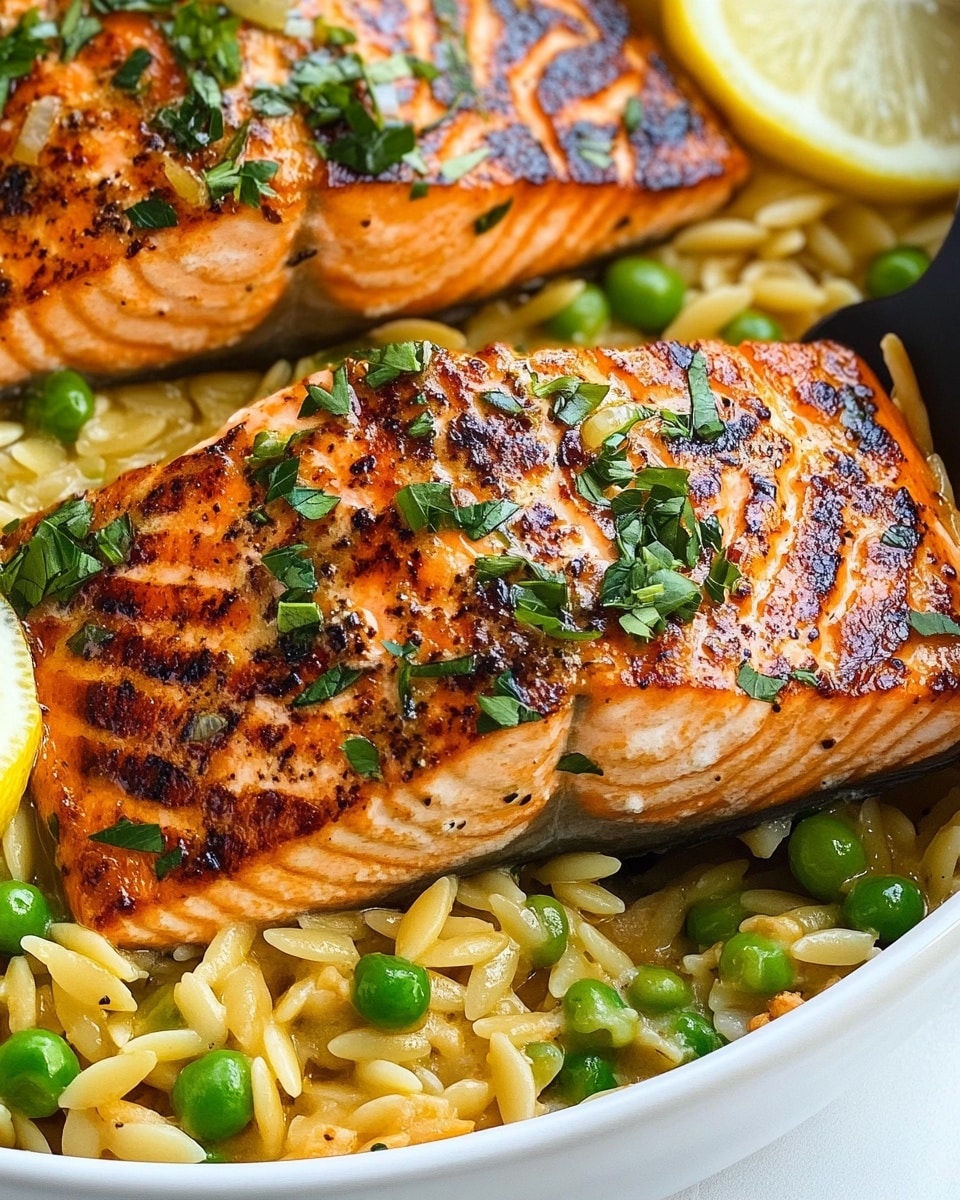 One-Pan Lemon Orzo and Salmon, Lemon Orzo with Salmon, Healthy Salmon Dinner, One-Pan Seafood Recipes, Easy Salmon Pasta A large metal pan filled with a dish showing three cooked salmon fillets placed on top of a bed of orzo pasta mixed with green peas and wilted greens. The salmon fillets have a browned, slightly crispy crust with bits of green herbs sprinkled on top. Each fillet is garnished with thin lemon slices and more chopped green herbs. The orzo pasta is light yellow with a slightly saucy texture, mixed with bright green peas evenly spread around. The pan sits on a white marbled surface.
