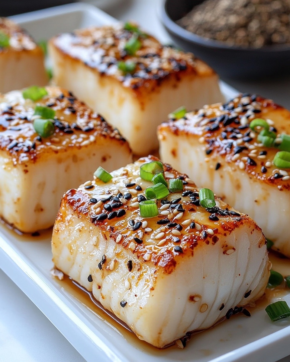 Ginger Soy Cod, easy fish recipes, healthy seafood dinner, quick cod dinner, flavorful fish dishes The image shows six thick pieces of cooked white fish with a light brown grilled surface on top, arranged neatly in two rows on a white tray. Each piece is topped with small green onion slices and sprinkled with black and white sesame seeds. The fish has a glossy, slightly juicy look, highlighting the flaky texture. The background includes a blurred bowl with a spice mix and a white marbled surface underneath the tray.