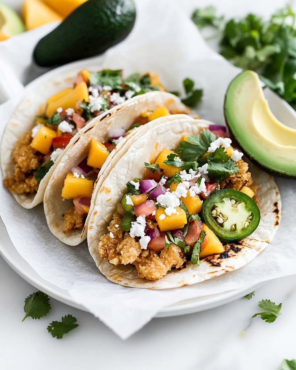 Three soft corn tortillas are placed on a piece of white parchment paper on a white plate. Each tortilla holds a layer of grilled light brown fish pieces topped with a colorful mango salsa made of yellow mango, red tomato, green jalapeno slices, and red onion. Crumbled white cheese is sprinkled over the top. On the side of the plate, there are three smooth green avocado slices, two whole jalapeno slices, and a small bunch of fresh green cilantro. The plate rests on a white marbled surface with some lime wedges and a bowl of salsa partially visible around it. Photo taken with an iphone --ar 4:5 --v 6.1