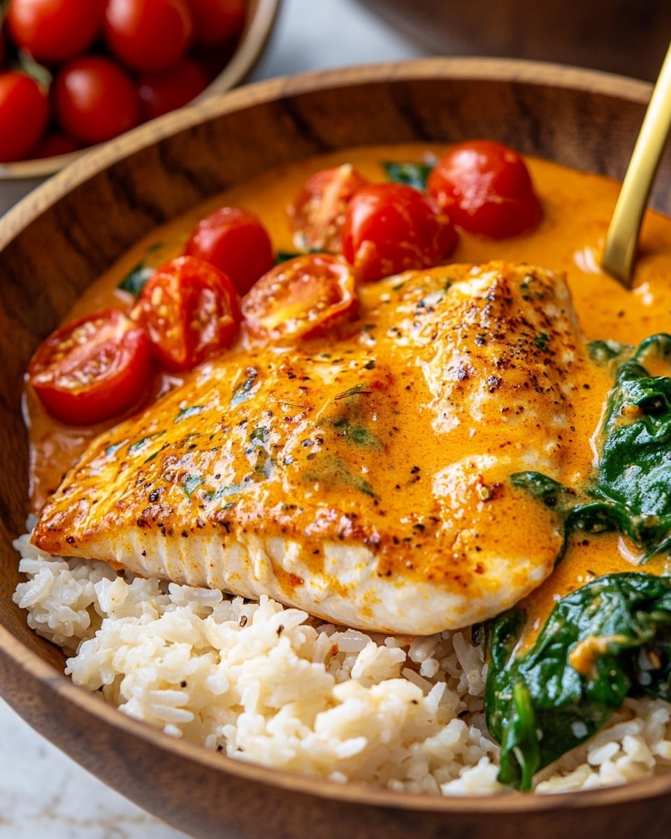 A round silver pan filled with bright orange creamy sauce with a smooth texture, mixed with scattered green spinach leaves and small red grape tomatoes throughout. On top, there are four golden brown cooked fish fillets, placed side by side, partially covered by the sauce. The pan is on a white marbled surface, with a small dark bowl filled with shiny red grape tomatoes beside it. photo taken with an iphone --ar 4:5 --v 6.1
