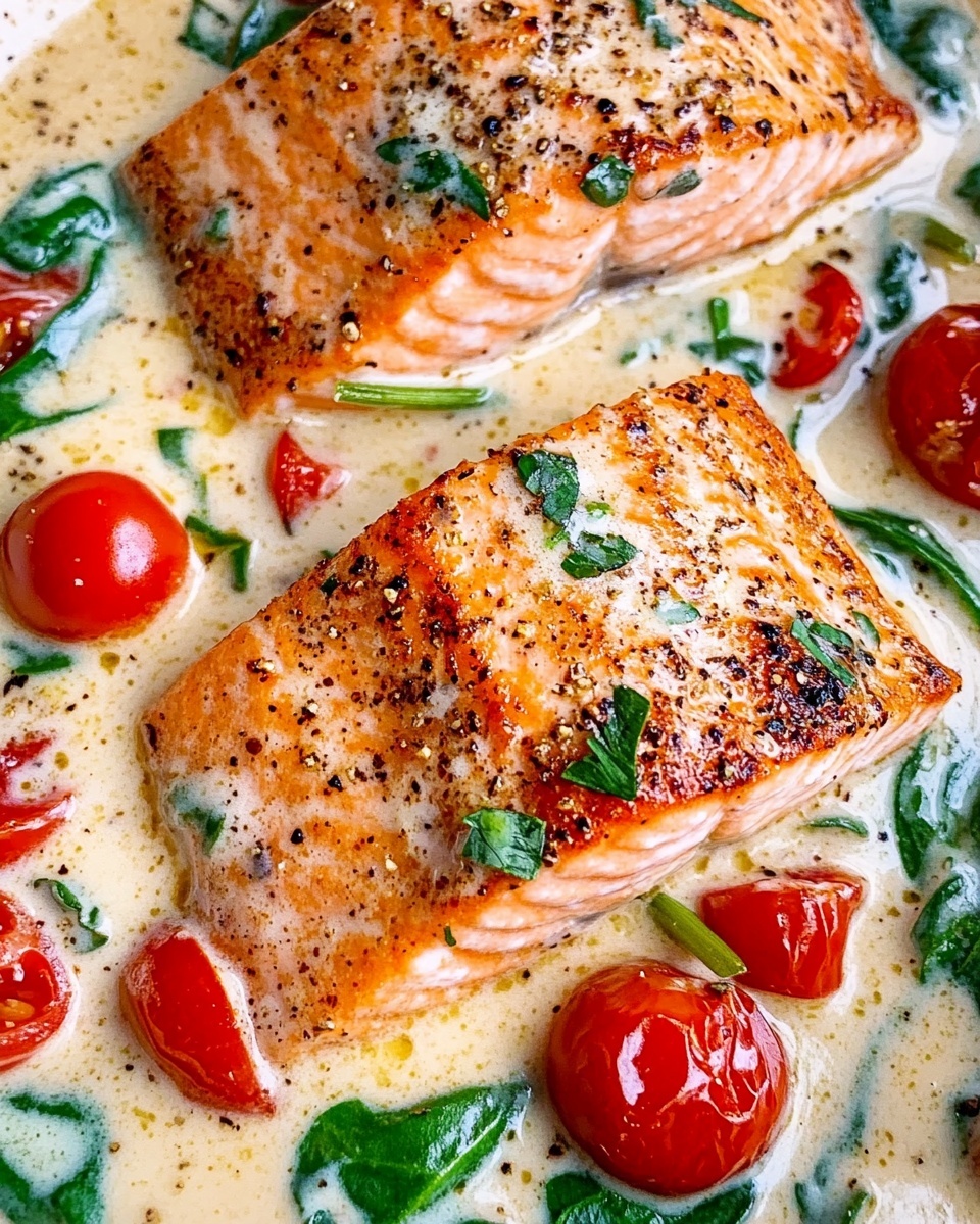 A white plate holds a cooked salmon fillet with a golden-brown crust on top, speckled with black pepper. Around the salmon are bright red roasted cherry tomatoes, some whole and some split open, covered in a light creamy sauce mixed with wilted green spinach leaves. Fresh green basil leaves are placed around the edges, adding contrast. The background is a white marbled surface. Photo taken with an iphone --ar 4:5 --v 6.1