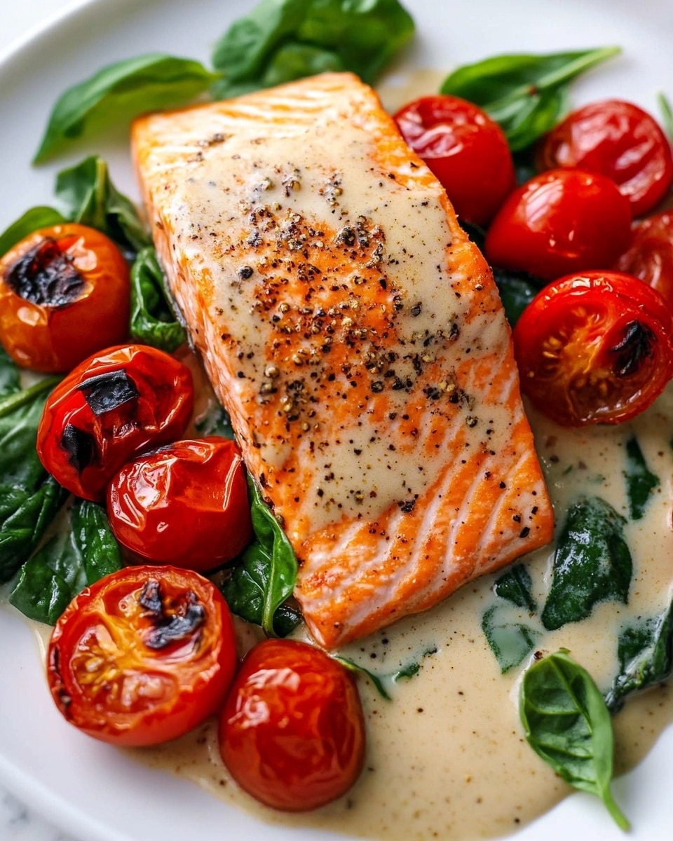 Two pieces of cooked salmon fillets with a golden brown surface sprinkled with black pepper, lying in a creamy, light beige sauce. The sauce has bits of green spinach leaves and small red cherry tomato halves scattered around and on top of the salmon. Thin white cheese shreds are lightly spread over the fish and sauce. The background is a white marbled texture. Photo taken with an iphone --ar 4:5 --v 6.1