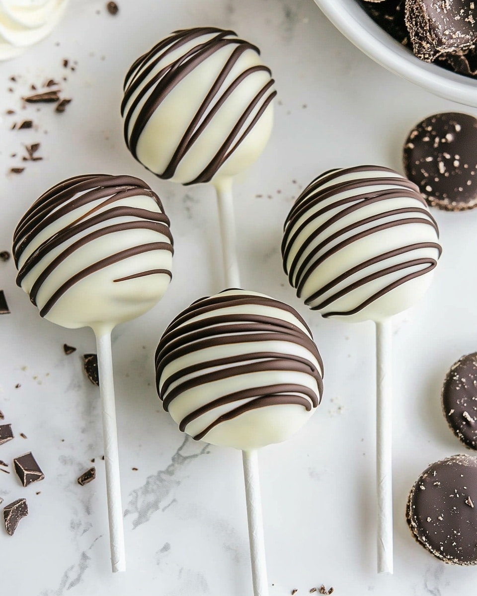 Four round cake pops are shown, each coated in smooth white chocolate with thin dark chocolate stripes drizzled over the top. The cake pops are held on white sticks and placed on a white marbled surface. Small dark bits are sprinkled lightly around the cake pops. To the right side, part of a white bowl with black patterns is visible, filled with whole and partially broken chocolate sandwich cookies with white cream filling. The overall image has a soft, clean feel with a focus on the smooth texture and contrasting colors of the white and dark chocolate. Photo taken with an iphone --ar 4:5 --v 6.1