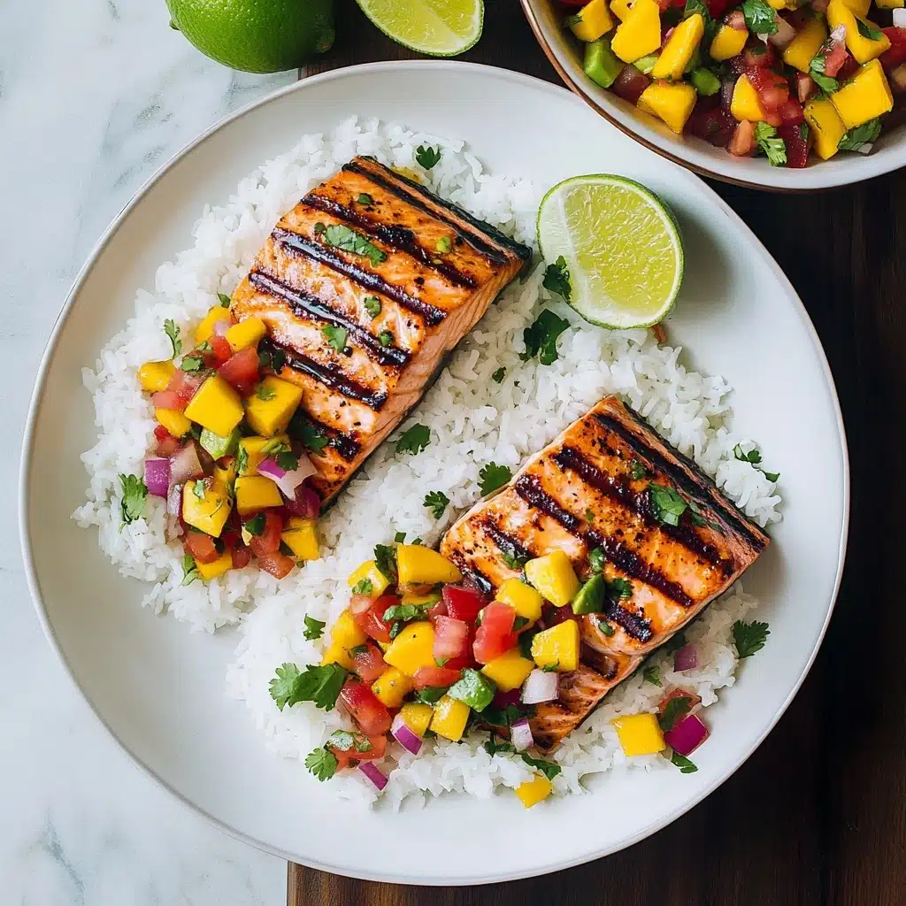 Grilled Salmon with Mango Salsa and Coconut Rice Recipe - Recipe Image