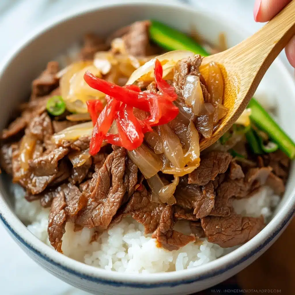 Gyudon Japanese Beef Rice Bowl, Japanese beef bowl recipe, authentic Gyudon, easy Japanese beef rice dish, comforting Japanese comfort food A white bowl is filled with two main layers: the bottom layer is white steamed rice, and the top layer is thin, juicy slices of brown beef mixed with soft, light yellow onions. The beef and onions rest evenly over the rice, and on top are a few thin strips of bright red pickled ginger and slivers of green onions for a touch of color. A wooden spoon is lifting a portion of the beef, onions, and rice, with a woman's hand holding the spoon, bringing focus to the textures and layers. The bowl is on a white marbled texture background.