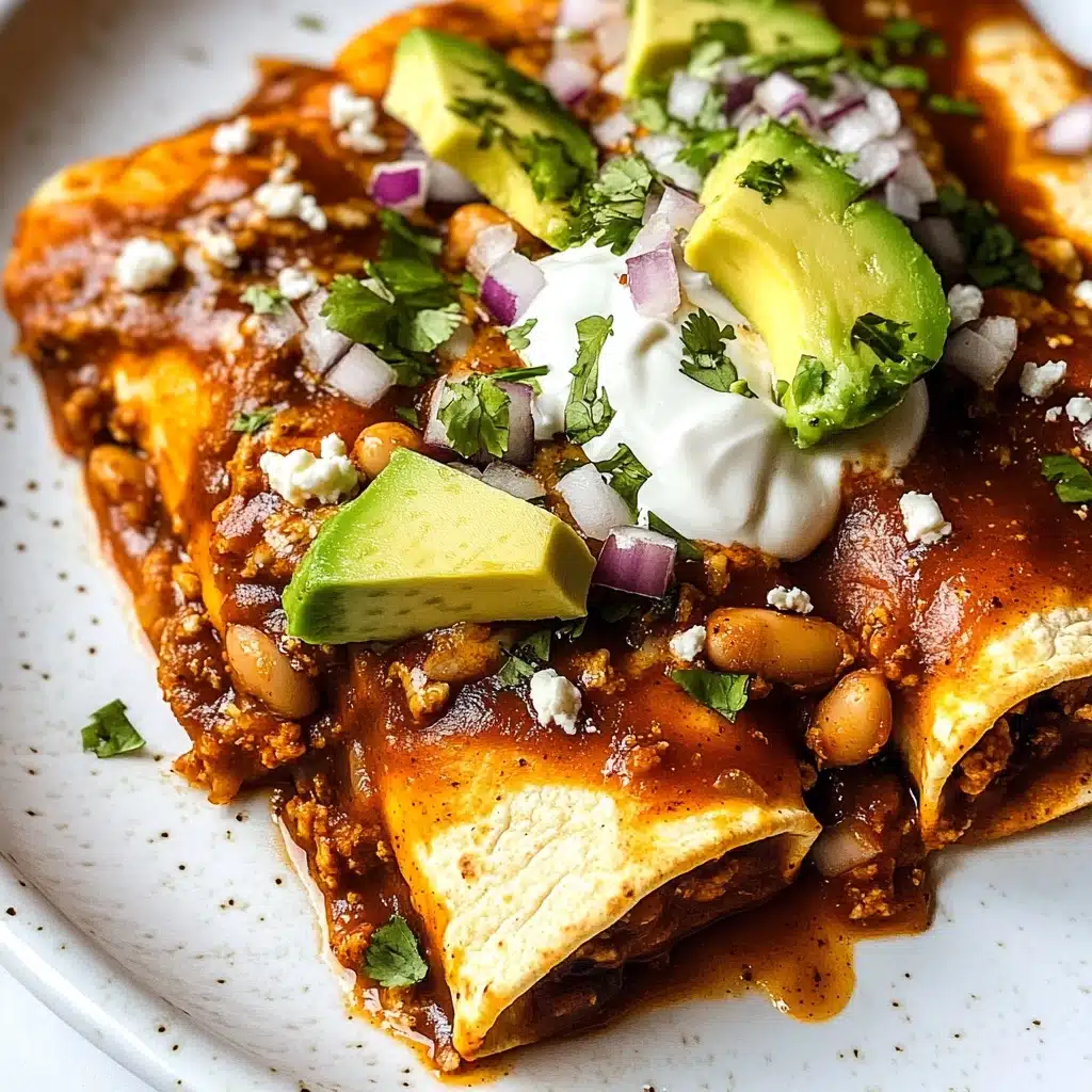 Beef Enchiladas with Green Chiles and Pinto Beans, Mexican Beef Enchiladas, Green Chile Enchiladas, Pinto Bean Enchiladas, Easy Beef Enchilada Recipe A large flour tortilla sits on a round white plate, its surface fully covered with a thin layer of smooth, deep red sauce. On one half of the tortilla, there’s a chunky layer of browned ground meat mixed with beans, showing bits of onion and green peppers throughout. On top of this, thick strips of yellow and white cheese are piled, contrasting with the darker filling below. The background is a white marbled texture, and everything is shown from above with bright lighting.