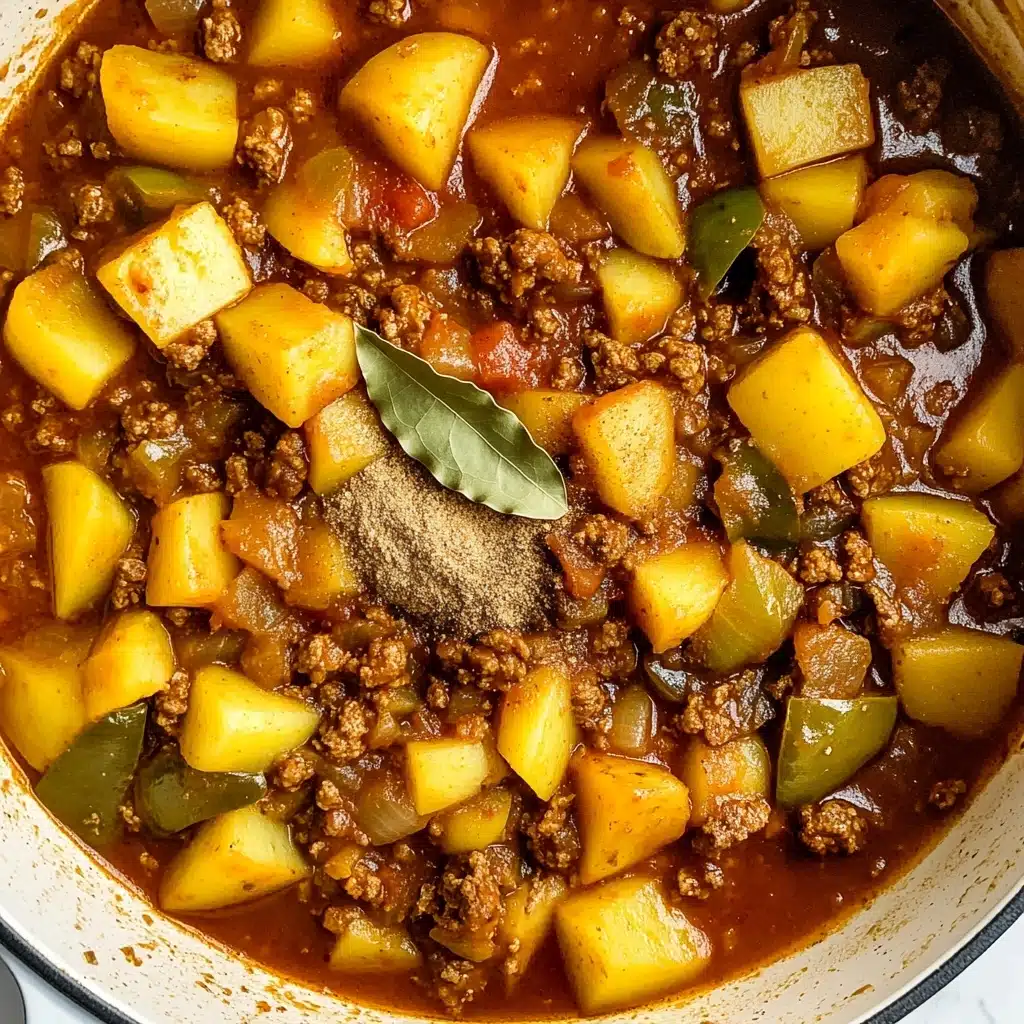 Mexican Picadillo, Mexican Picadillo Recipe, Easy Mexican Picadillo, Beef Picadillo, Authentic Mexican Picadillo A close-up view of a hearty stew inside a white pot, showing chunky yellow potato pieces, browned ground meat, and small green bell pepper cubes all mixed in a red, tomato-based broth. There are visible mounds of brown and tan powdered spices in the center, along with a whole bay leaf on top. The potatoes and peppers are scattered evenly above and below the surface, creating a colorful, rustic look with layered chunks. The photo is taken on a white marbled texture.