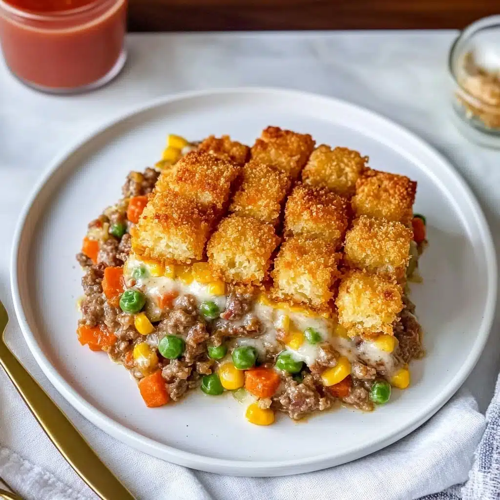 Classic Tater Tot Hotdish, hearty casserole recipes, comfort food dinner ideas, Minnesota hotdish recipes, easy weeknight casseroles A white plate holds a serving of casserole with three visible layers. The bottom layer is a mix of ground meat, creamy sauce, peas, corn, carrots, and green beans, with a chunky and colorful texture. On top of this is a more even layer of crispy tater tots, all golden brown and lined up neatly in rows. The dish sits on a white marbled texture surface, and there is a gold fork resting on a folded napkin beside the plate, with a small container of ketchup and a glass of cloudy drink in the background.