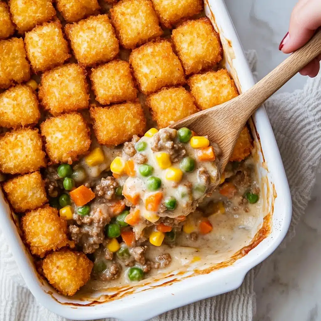 Classic Tater Tot Hotdish, hearty casserole recipes, comfort food dinner ideas, Minnesota hotdish recipes, easy weeknight casseroles A white ceramic baking dish holds a casserole with three visible layers. The top layer is made up of crisp, golden-brown tater tots, neatly arranged in rows covering the whole surface. Underneath, the middle layer shows a creamy, light gray sauce mixed with green beans, corn, orange carrot pieces, and peas, peeking out where a wooden spoon held by a woman's hand has scooped a portion. The bottom layer is a mix of small, browned ground meat pieces. The dish is set on a white marbled texture background.