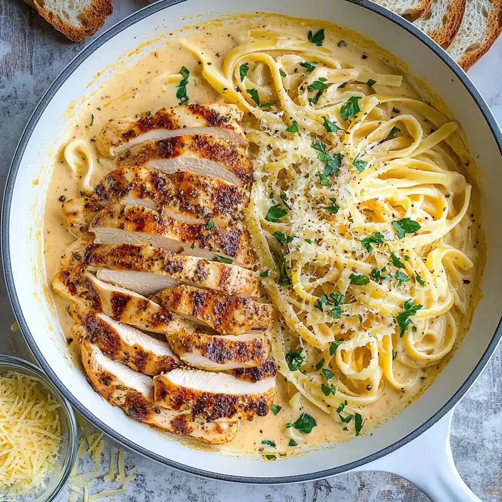 Creamy Cajun Chicken Pasta, Cajun chicken pasta recipe, easy Cajun pasta, quick creamy chicken pasta, spicy Cajun pasta The dish shows a white pan filled with creamy pasta and sliced grilled chicken. The bottom layer is a smooth, light orange creamy sauce that covers the whole pan. On one side, there are thick, golden brown slices of grilled chicken arranged neatly in a fan shape, showing a crispy texture and some green chopped herbs on top. Beside it, there is a pile of wide, pale yellow pasta noodles twisted together and sprinkled with grated cheese and black pepper, with more green herbs scattered. The pan sits on a white marbled texture, with a glass bowl of grated cheese and two slices of bread nearby.