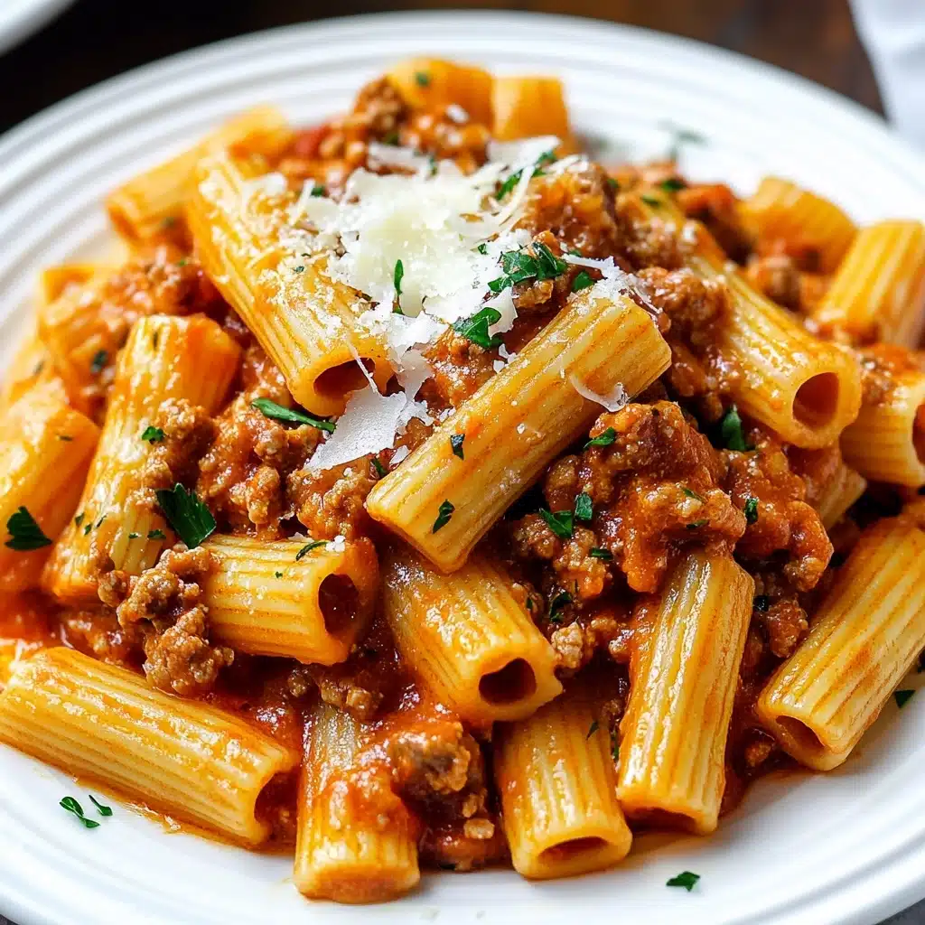 Italian Sausage Rigatoni with Spicy Cream Sauce, spicy sausage pasta, creamy rigatoni recipes, quick Italian pasta dishes, hearty sausage pasta A large white plate is filled with thick rigatoni pasta, covered in a creamy red-orange tomato sauce mixed with ground meat, small chunks of onions, and specks of herbs. The sauce clings to the pasta, creating a chunky and rich layer on top and in between the noodles, with a final layer of finely shredded white cheese and fresh parsley leaves sprinkled above. The dish sits on a white marbled texture surface, and the lighting is bright, making the colors pop.