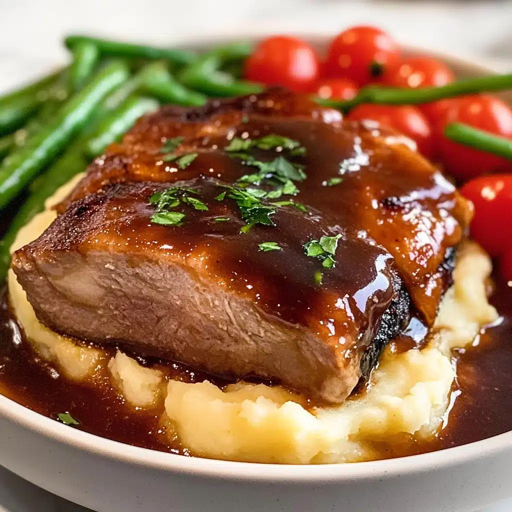 Oven Baked BBQ Chicken, homemade barbecue sauce, easy baked chicken recipe, smoky oven chicken, quick weeknight dinner The dish shows two thick layers: the bottom layer is smooth, creamy mashed potatoes that are a light yellow color, while the top layer is a large piece of roasted meat smothered in a shiny, dark brown sauce with small green herb pieces on top. The meat is juicy with a soft texture, and there is sauce pooling around it. In the background, there is a mix of bright red cherry tomatoes and green beans, all sitting together in a simple white bowl on a white marbled texture.