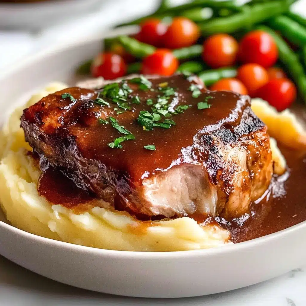 Oven Baked BBQ Chicken, homemade barbecue sauce, easy baked chicken recipe, smoky oven chicken, quick weeknight dinner A close-up shot shows a piece of roasted meat covered in a thick, glossy red sauce, with fresh green herb bits sprinkled on top. The surface of the meat is juicy and browned, with a smooth layer of sauce flowing from a spoon held just above. The background is softly blurred, with another piece of meat visible and everything placed on a white marbled texture.