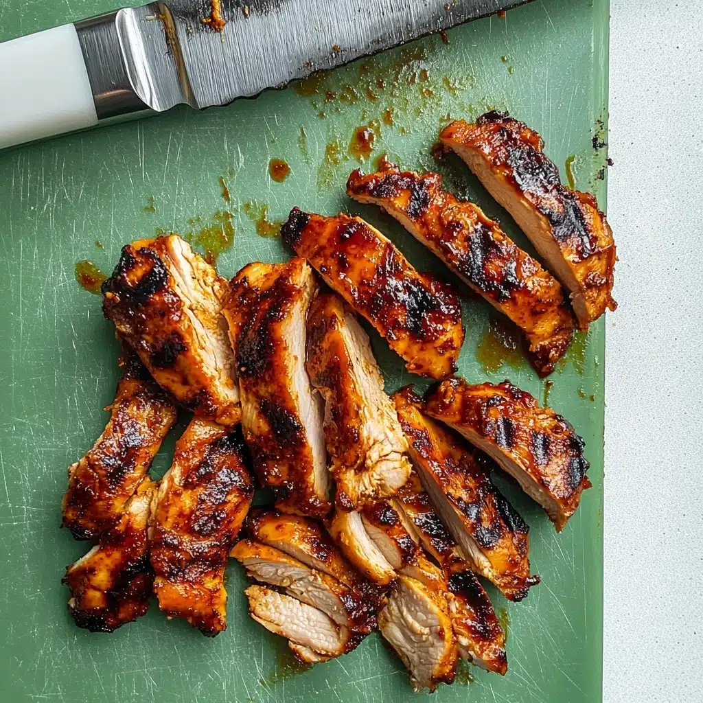 BBQ Chicken Thighs, Grilled Chicken Thighs, Baked BBQ Chicken, Smoked Chicken Thighs, Juicy Chicken Thighs This image shows close-up pieces of grilled chicken with a shiny, sticky layer of deep red and orange barbecue sauce covering the meat. The chicken has black scorch marks from the grill, and the surface is glossy, with the sauce pooling in some spots. Each piece of chicken has a soft, slightly bumpy texture below the sauce and grill marks. The background is blurred, and attention is focused on the layered glaze and char on the chicken.