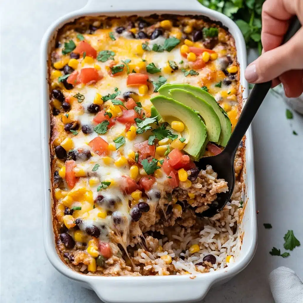 Mexican Chicken Casserole, easy Mexican dinner, cheesy chicken casserole, flavorful Mexican recipes, weeknight Mexican casserole A round white plate holds a serving of fluffy white rice as the bottom layer, topped with a chunky mixture of diced chicken, yellow corn, and black beans, all mixed together with melted cheese and pieces of tomato for color. The top is finished with a fan of bright green avocado slices placed slightly to one side, and a sprinkle of fresh green herbs adds a final touch. The background is a white marbled texture.