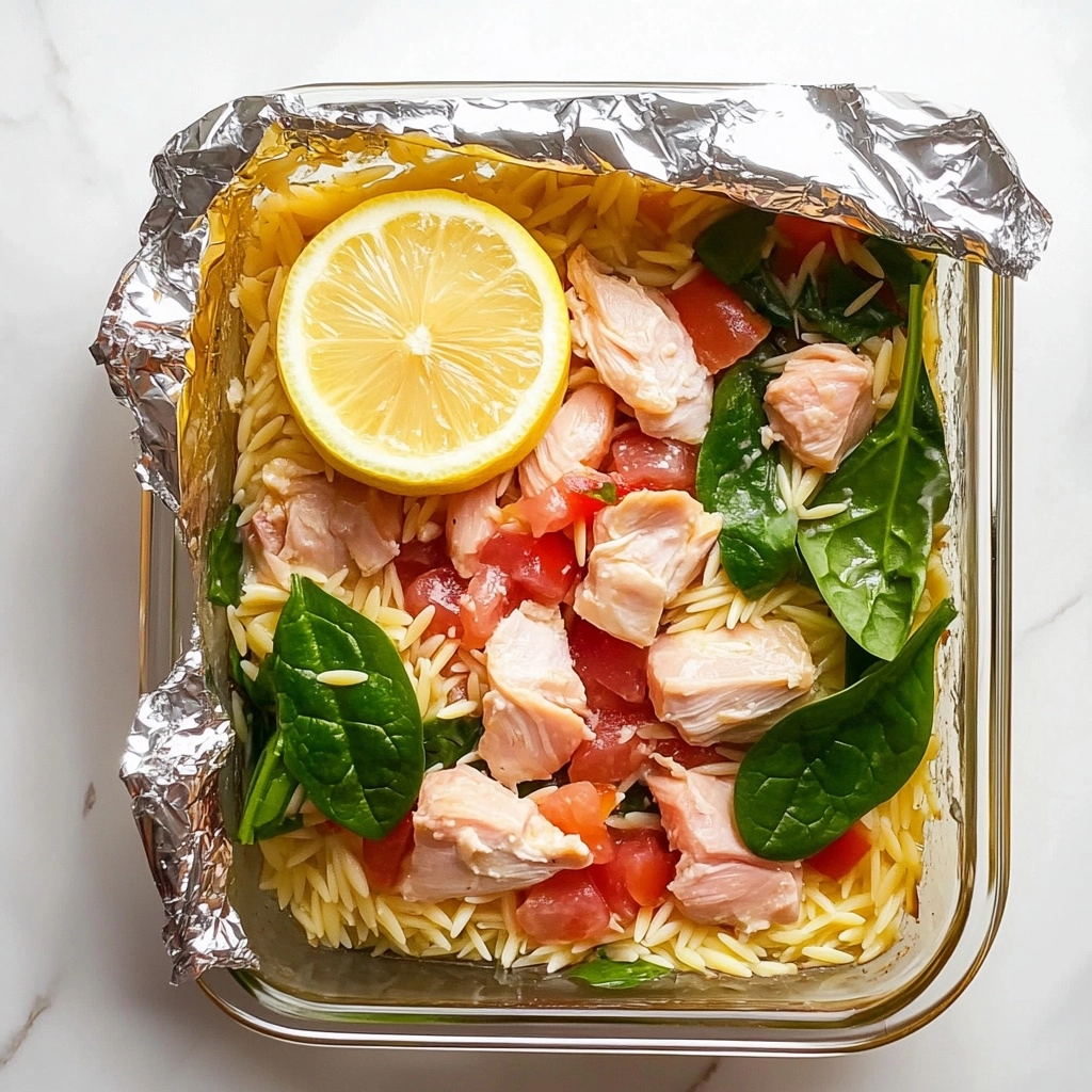 Greek Chicken Casserole, Greek Chicken Casserole recipe, Mediterranean chicken bake, feta chicken casserole, easy Greek chicken dinner A glass baking dish is filled with small, raw, pink chunks of chicken layered on top of yellow orzo pasta, bright green spinach leaves, pieces of white cheese, and pops of red from tomato. A round, thin slice of lemon sits on top, and one side of the dish is covered by crinkled shiny aluminum foil. The dish is set on a white marbled surface.
