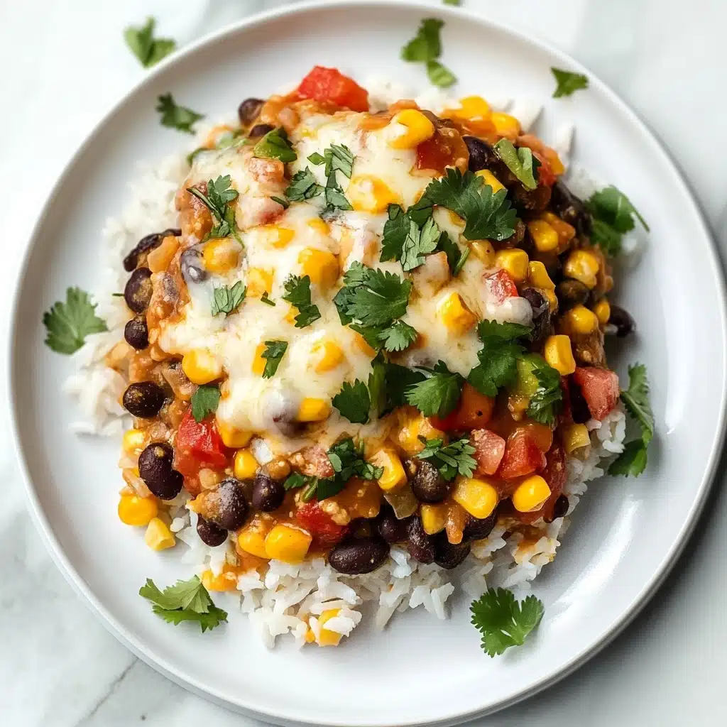 Santa Fe Chicken Skillet, Mexican-inspired chicken, one-pan chicken dinner, easy skillet chicken recipe, flavorful chicken skillet A white plate holds a colorful dish with three layers: the bottom layer is fluffy white rice, the middle layer consists of a mixture of shiny black beans, bright yellow corn, small diced red tomatoes, and bits of onion, and the top layer is melted white cheese that covers everything, looking creamy and smooth. Fresh green cilantro leaves are sprinkled over each layer for a fresh look. The plate is placed on a white marbled texture background.