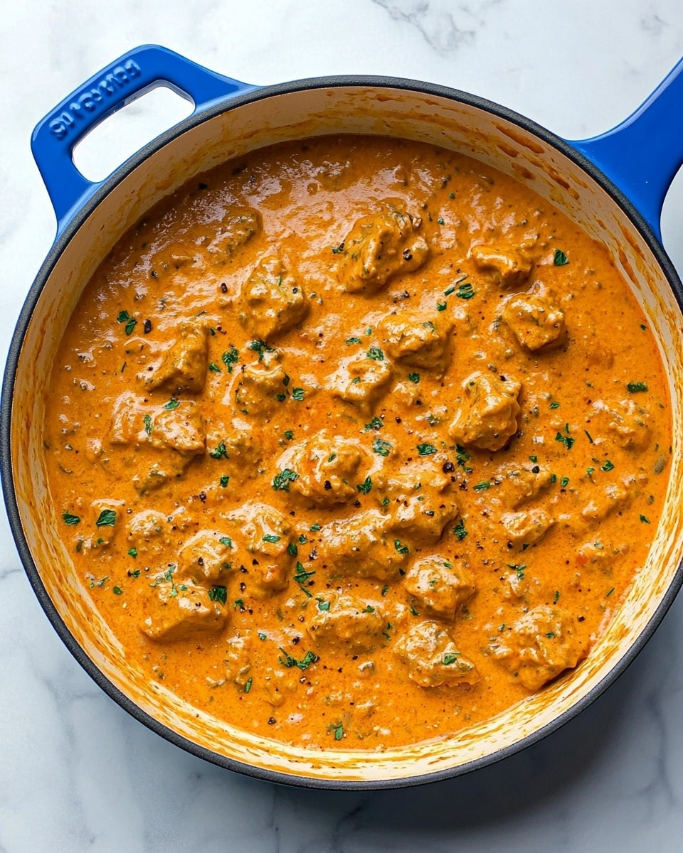 Homemade Butter Chicken, Quick and Easy Butter Chicken, Homemade Indian Chicken Curry, Simple Butter Chicken Recipe, Restaurant-Style Butter Chicken A round blue pan with two handles is filled with a thick, creamy orange sauce dotted with chunks of tender meat throughout. The sauce has a smooth texture with visible specks of black pepper and finely chopped green herbs sprinkled on the surface. The pan is placed on a white marbled surface which contrasts softly with the warm colors of the sauce. The sauce fills the pan almost to the top, showing slight stirring marks on the edges where the sauce touches the pan