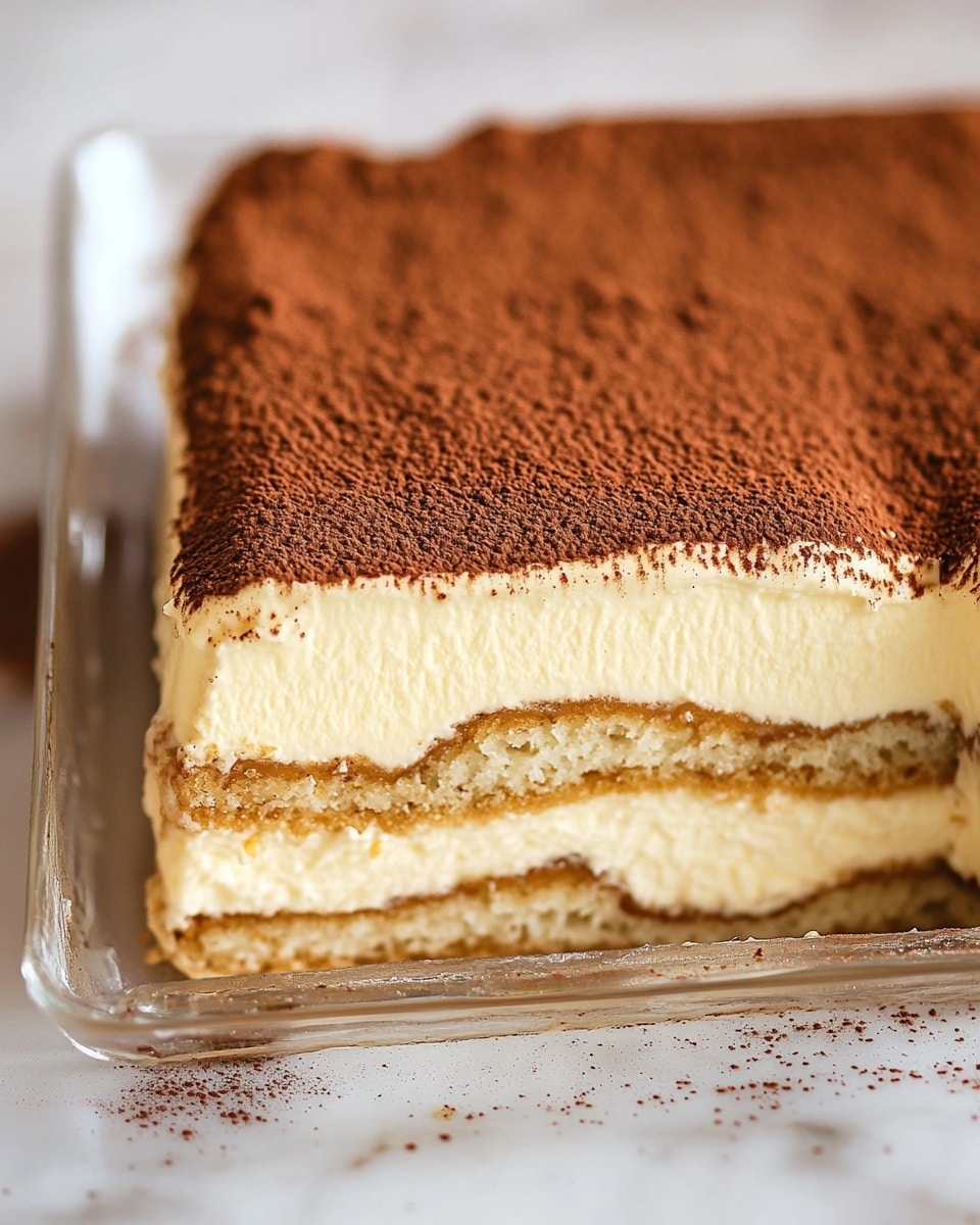Best Classic Italian Tiramisu, authentic Italian Tiramisu, homemade Tiramisu, traditional Tiramisu recipe, easy Tiramisu dessert A close-up of a rectangular dessert with multiple layers visible from the side, placed on a white marbled surface. The bottom layer is a soft, light brown sponge soaked in liquid, topped by a creamy pale yellow layer. Above that is another layer of sponge soaked in liquid, followed by a thick, smooth pale yellow cream layer. The top surface is covered evenly with a dusting of fine dark brown cocoa powder. The dessert is in a clear glass dish, and part of a square section has been removed to show the layers inside.