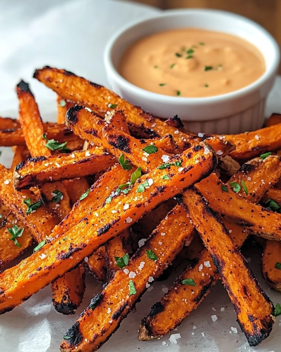 Crispy Oven Baked Sweet Potato Fries, healthy sweet potato fries, how to make crispy sweet potato fries, oven baked sweet potato side dish, easy sweet potato fries A pile of crispy orange sweet potato fries with dark char marks sits on white parchment paper. The fries are coated with visible grains of salt and small green herb bits scattered over them. Behind the fries, there is a small white bowl filled with a smooth light orange dipping sauce, also topped with some green herbs. The whole scene is placed on a white marbled surface.