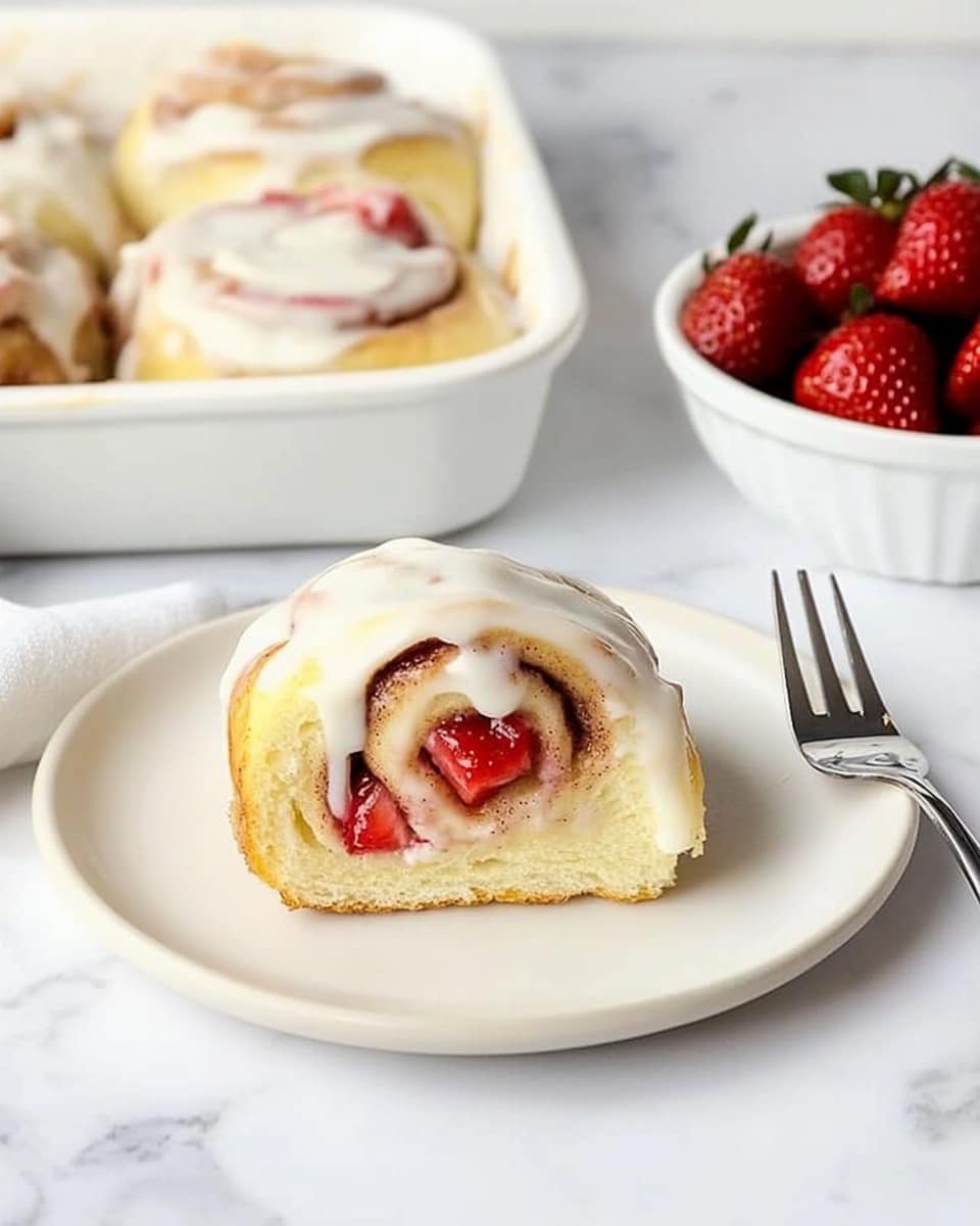 Strawberry Cheesecake Cinnamon Rolls, cinnamon roll recipes with strawberries, cheesecake stuffed cinnamon rolls, easy breakfast cinnamon rolls, fruit-filled brunch treats A single cinnamon roll on a simple cream-colored plate with a shiny silver fork resting on the right side of the plate. The cinnamon roll has three visible layers: the soft yellow dough forms the base and spiral, inside which there are red strawberry pieces and a white icing that generously coats the top and drizzles down the sides. In the background, a white baking dish filled with more cinnamon rolls covered in white icing is slightly out of focus on a white marbled surface. To the right, a white bowl containing bright red strawberries sits, adding a pop of color to the scene.