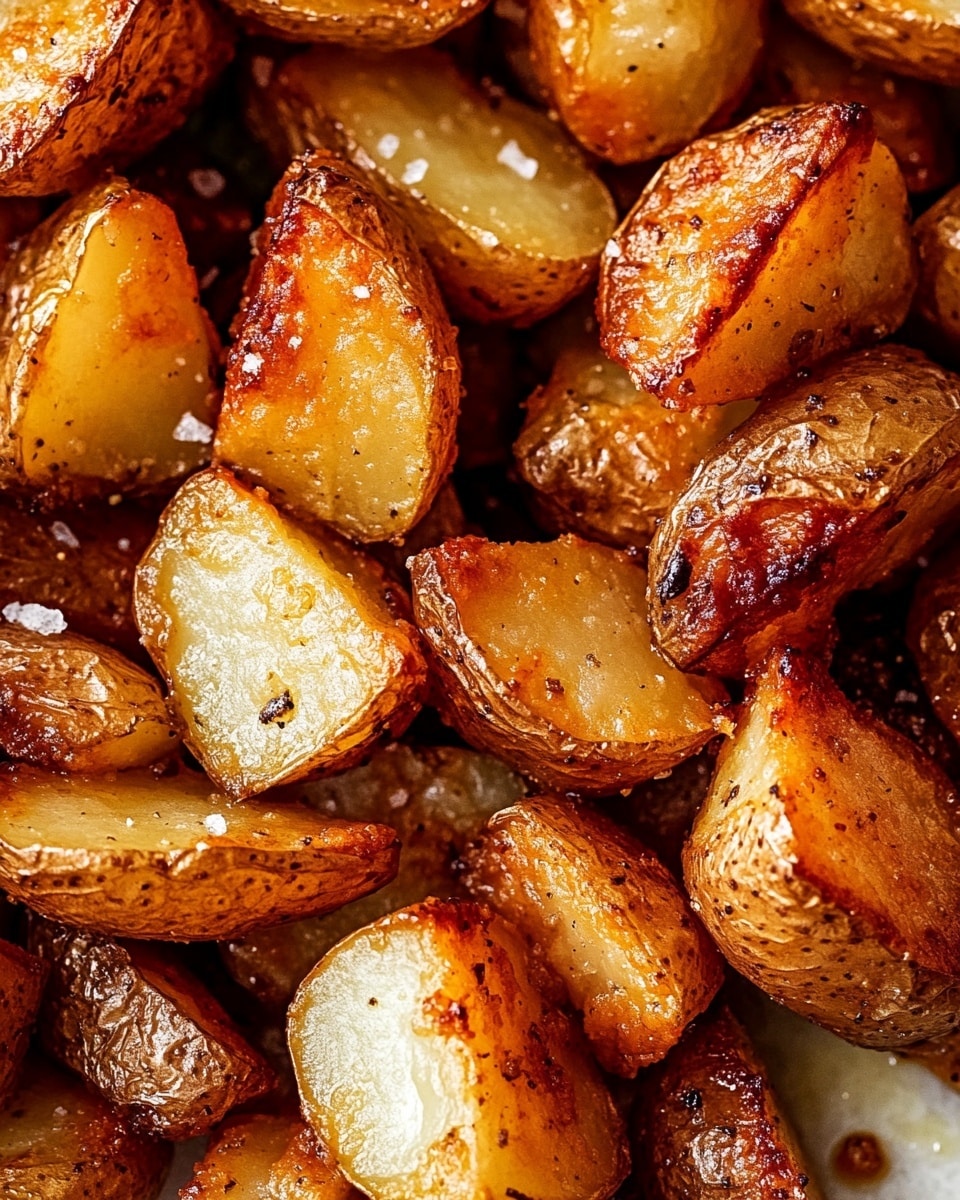 Crispy Oven Roasted Potatoes, crispy roasted potatoes easiest method, how to make crispy oven potatoes, perfect oven roasted potatoes, crispy potato side dish Three golden brown, crispy roasted potato wedges are stacked on the tips of a silver fork. Each wedge has a slightly rough texture with a crunchy outer layer and a soft inside. Coarse salt flakes are scattered on the potatoes, adding a sparkling effect. The fork is held upright against a white marbled background, and the lighting highlights the shiny, crisp surface of the potatoes and the metal fork.