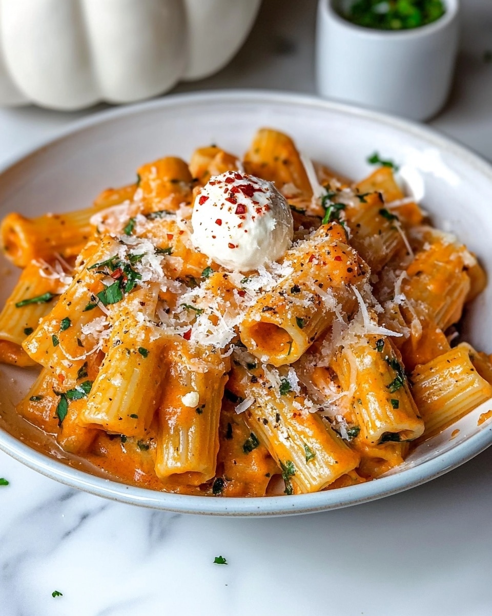 Creamy Tomato Garlic Rigatoni, easy tomato garlic pasta, quick creamy pasta recipes, flavorful rigatoni dishes, comforting pasta ideas A white bowl with a light blue rim holds rigatoni pasta covered in a creamy orange sauce mixed with green herbs. The pasta is piled in layers, coated evenly with the sauce. On top, there is a small white ball of cheese, sprinkled with red pepper flakes. Around the dish, grated white cheese and small green herb pieces are scattered. The bowl sits on a white marbled surface with a white ceramic pumpkin in the background.