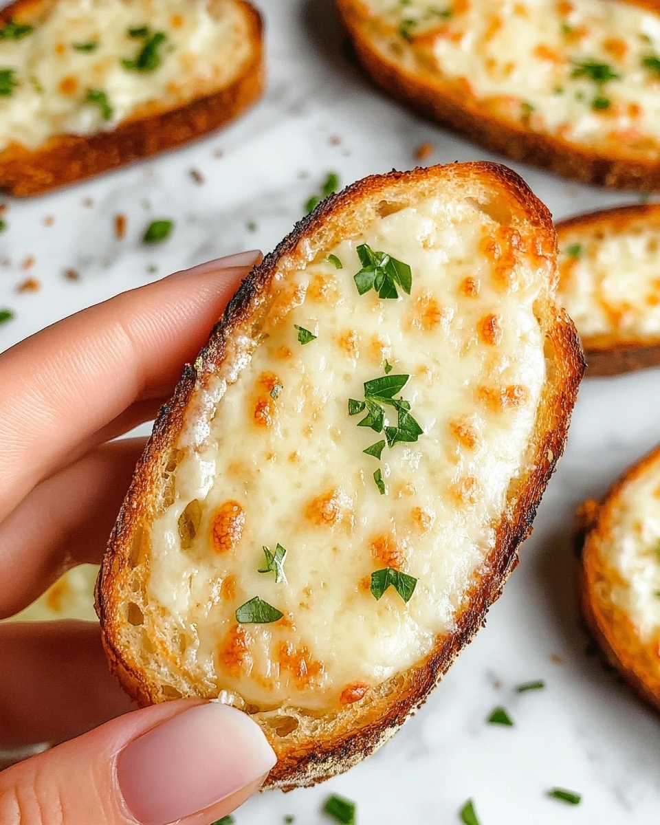 World's Best Cheesy Garlic Bread, cheesy garlic bread recipe, cheesy garlic bread ideas, how to make cheesy garlic bread, cheesy garlic bread tips The image shows a stack of four toasted bread slices with melted cheese on top. The top slice is broken, showing a soft and airy inside with melted white cheese dripping slightly and small green parsley pieces sprinkled on it. Each slice has a golden-brown crust with melted cheese that looks bubbly and slightly crispy. The bread slices are resting on a dark surface with a few crumbs around them. The background is blurred but has a white marbled texture.