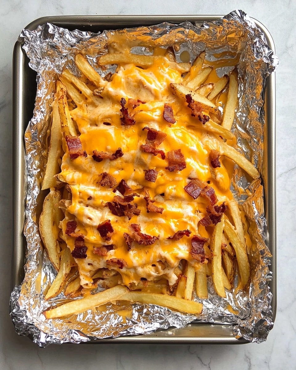 Loaded Cheese Fries, loaded cheese fries recipe, cheesy fries with bacon, crispy loaded fries, easy cheese fries recipe A serving of fries covered with two types of melted cheese, one pale cream and the other bright orange, is laid out on crumpled silver foil inside a dark metal tray. The fries are topped with small pieces of browned bacon and chopped green onions, adding red and green colors to the yellow and white fries. Two metal forks are sticking into the fries from the top right and one woman's hand is holding the tray from the bottom left corner. The whole scene is set on a white marbled surface.