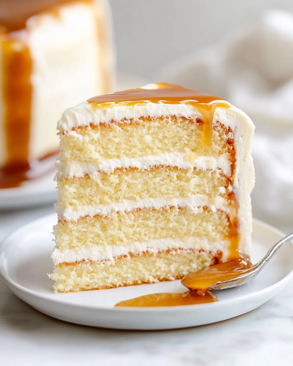 Salted Caramel Cake, salted caramel cake recipe, homemade caramel cake, decadent caramel cake, vanilla cake with caramel frosting A slice of three-layer vanilla cake sits stacked on a white plate with soft, light yellow sponge layers separated by two thick layers of creamy white frosting and golden caramel sauce oozing slightly at the edges. The outer frosting is smooth and white with caramel drizzled on the side of the cake. The slice is positioned on a white marbled surface, with a spoon holding caramel sauce nearby and another layer of cake blurred in the background.