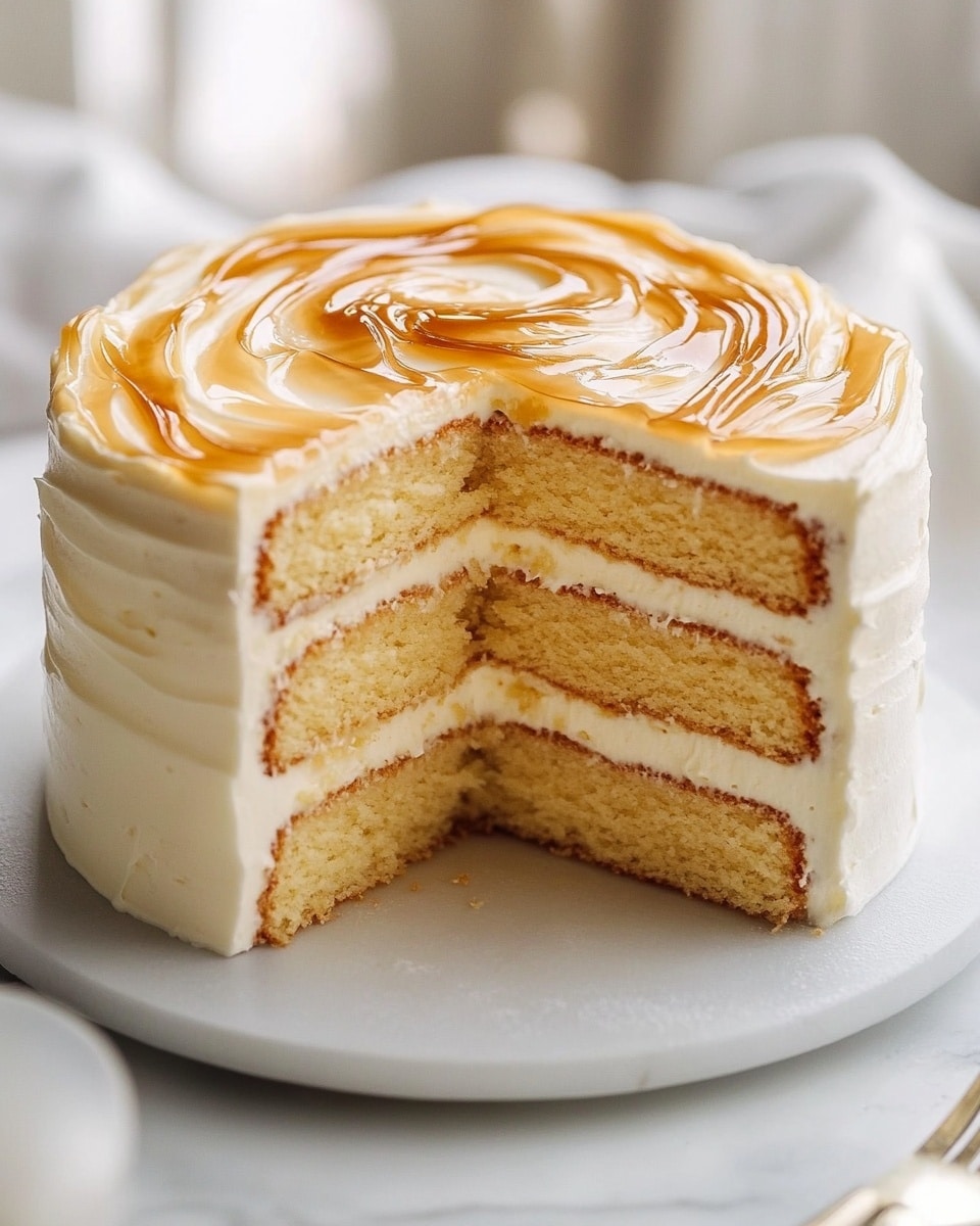 Salted Caramel Cake, salted caramel cake recipe, homemade caramel cake, decadent caramel cake, vanilla cake with caramel frosting A three-layer cake with light yellow sponge visible on the sliced part, each layer separated by smooth white cream frosting. The outside of the cake is covered in the same white cream frosting with fine horizontal lines. The top has a shiny caramel swirl pattern, blending golden and light brown tones, spread unevenly across the surface. The cake sits on a white marbled surface, with a white plate and fork visible in the blurred background.