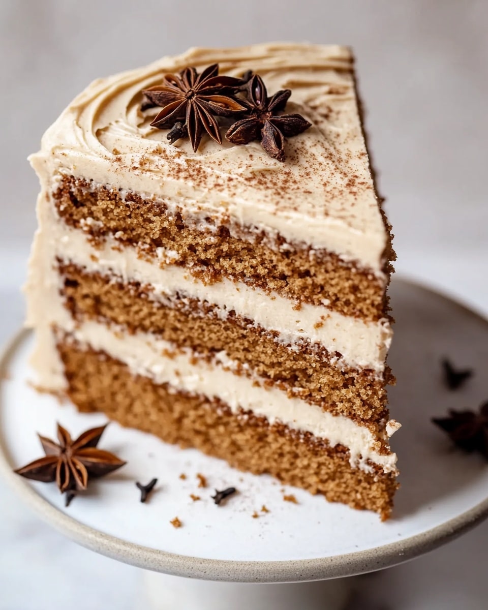 Chai Cake with Brown Butter Cream Cheese Frosting, chai spice cake recipe, cozy fall desserts, homemade chai cake, easy holiday cake A slice of four-layer brown cake with light beige frosting between each layer and on top is held above a white plate with crumbs on a white marbled surface. The cake is decorated on top with small dark brown spices and star anise pieces scattered along one side. The frosting on the cake sides is spread thinly, showing some of the brown cake beneath, and the top frosting has a smooth, slightly textured swirl pattern.