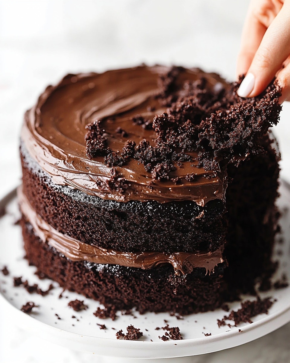 Brooklyn Blackout Cake, chocolate dessert, decadent chocolate cake, layered chocolate cake, homemade pudding filling A close-up view of a single-layer dark chocolate cake with a rough, crumbly texture around the sides, showing some loose crumbs on the white marbled surface below. The top layer is a thick, smooth spread of rich chocolate frosting with visible swirls and a shiny texture. A knife is gently scraping through the frosting on top, adding a small peak to the smooth surface.