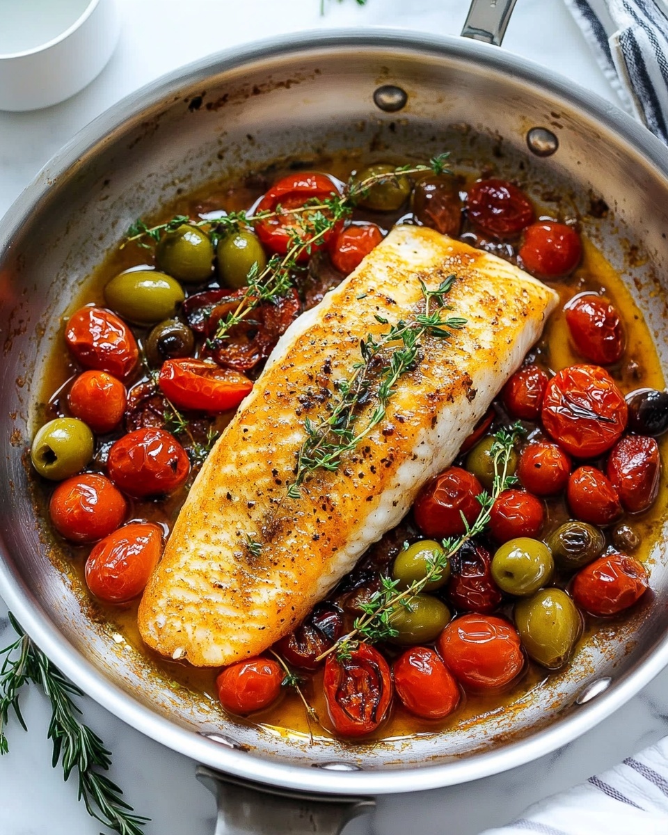Baked Fish with Cherry Tomatoes and Olives, Mediterranean baked fish recipe, healthy seafood dinner, easy fish and tomato dish, gluten-free fish recipe
