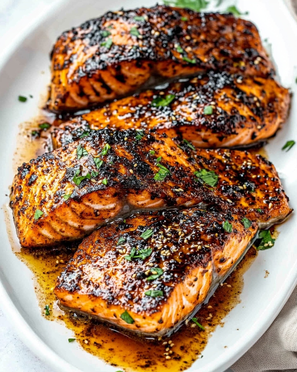 Cajun Honey Butter Salmon, Cajun Salmon Recipe, Honey Butter Salmon, Spicy Sweet Salmon, Easy Salmon Dinner Three pieces of grilled salmon with a dark, glossy spice coating are placed closely together on a white oval plate. The salmon has a slightly charred texture, with shiny oil pooling around the edges, and small black sesame seeds and green herbs sprinkled on top and around the plate. The background is a white marbled texture with a neutral cloth partially visible.