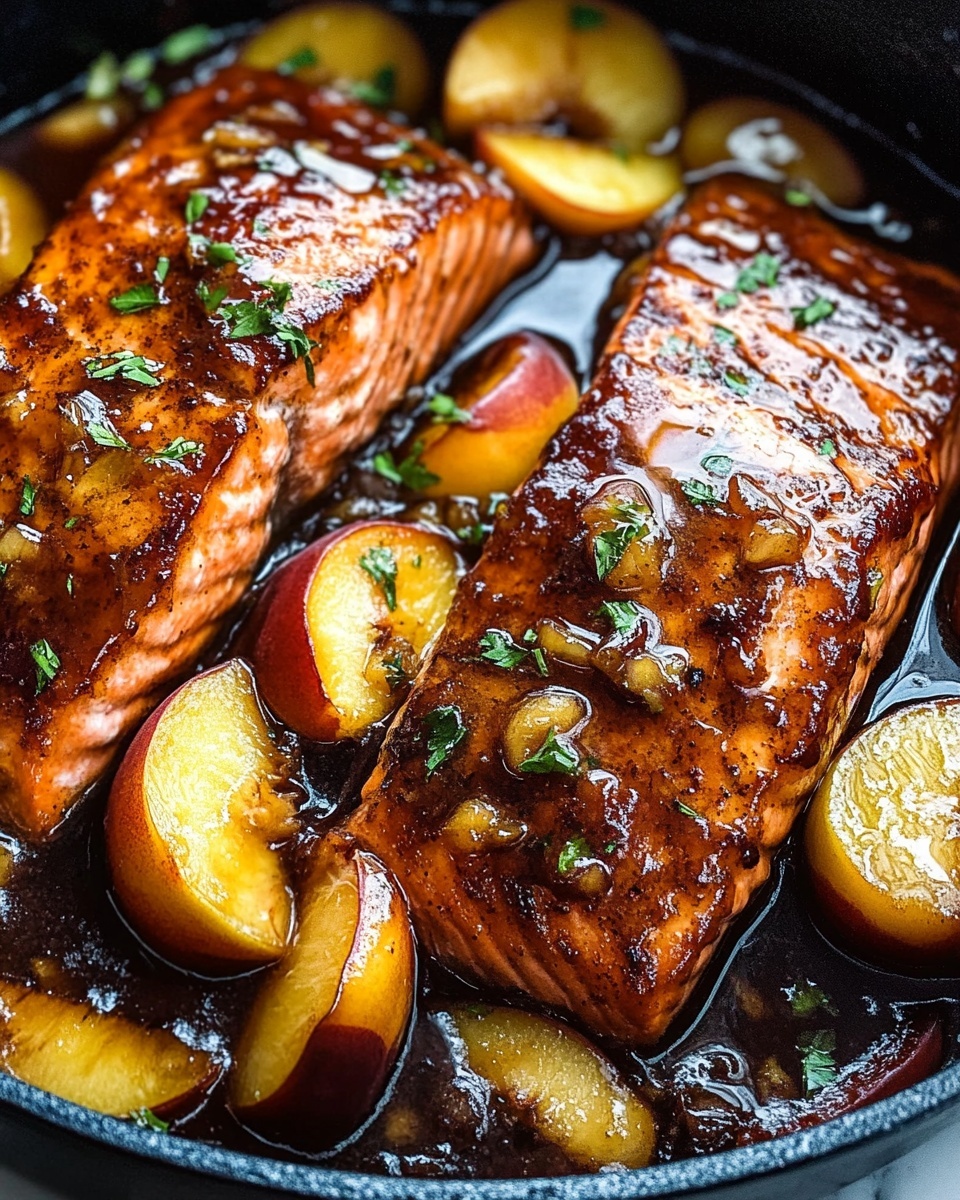 Bourbon Peach Roasted Salmon, Peach Glazed Salmon, Easy Salmon Recipes, Healthy Seafood Dinner, Sweet and Savory Salmon Two thick salmon fillets are cooked with a shiny, dark caramelized glaze that makes the surface look rich and sticky. Around and on top of the salmon, there are soft, golden-yellow peach slices that are slightly caramelized at the edges. Small bits of green herbs are sprinkled lightly over the top, adding a fresh touch. The salmon and peaches sit in a thick, juicy sauce with a deep brown color and glossy texture, pooling around the edges. The whole dish is in a black skillet set on a white marbled surface.