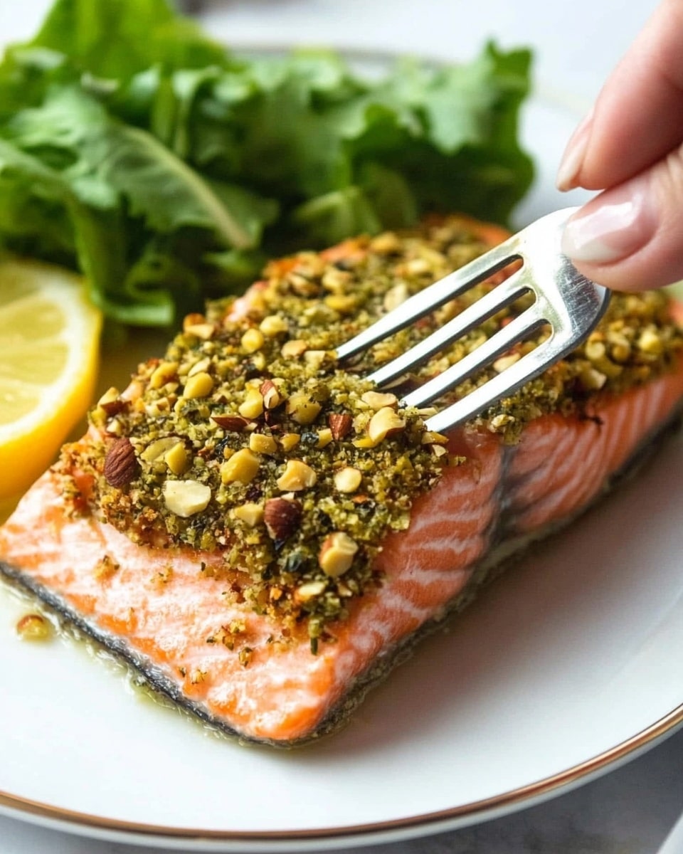 A white plate with a thin dark rim holds a piece of cooked salmon topped with a thick, coarse greenish-brown nut and herb crust, showing a bright pink flesh beneath. To the side, there are fresh green leaves including a large dark reddish-purple leaf and lighter green leaves with a soft texture. The plate sits on a white marbled surface. photo taken with an iphone --ar 4:5 --v 6.1