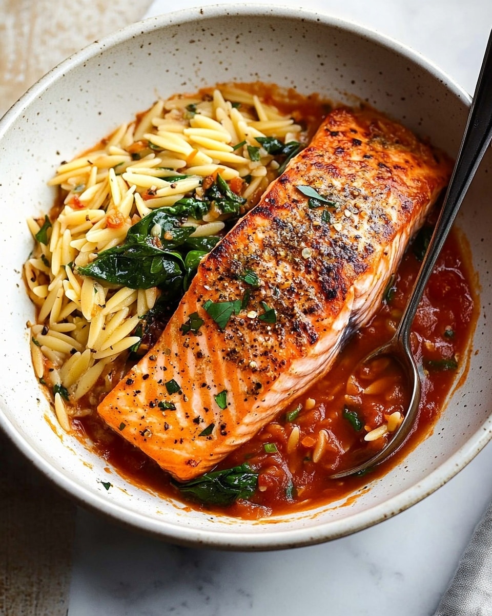 A white bowl sits on a wooden surface with a thick red tomato sauce filling the bottom layer, speckled with dark green spinach leaves and textured chunks of tomatoes. On top of the sauce rests a single piece of cooked salmon, light pink with a golden-brown sear, dotted with some black pepper and small green herb sprinkles. A silver spoon touches the right edge of the bowl, slightly dipping into the sauce. The whole scene is brightly lit, focusing on the rich colors and textures of the dish. photo taken with an iphone --ar 4:5 --v 6.1
