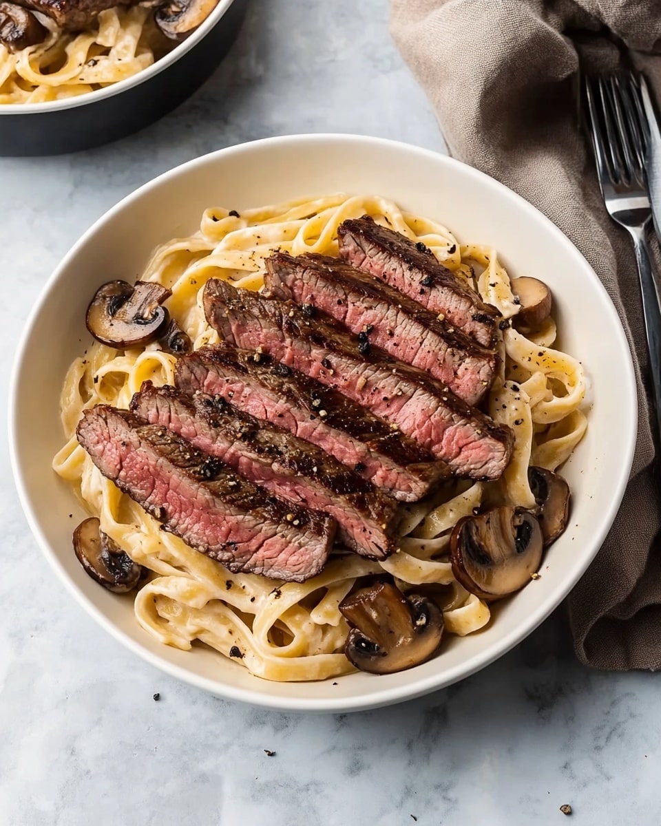 The image shows two white bowls on a white marbled surface, each filled with creamy fettuccine pasta mixed with sautéed mushroom slices. On top of the pasta are several thick pieces of steak cooked to a medium level with a pink center. A woman's hand is holding a fork in the foreground, twirling pasta noodles and a piece of steak around the fork. The fettuccine pasta is smooth and light yellow, the mushroom slices are brown and soft, and the steak pieces display a browned exterior with a pink center. Scattered mushroom slices and black peppercorns surround the bowls on the white marbled surface, adding a rustic detail. photo taken with an iphone --ar 4:5 --v 6.1