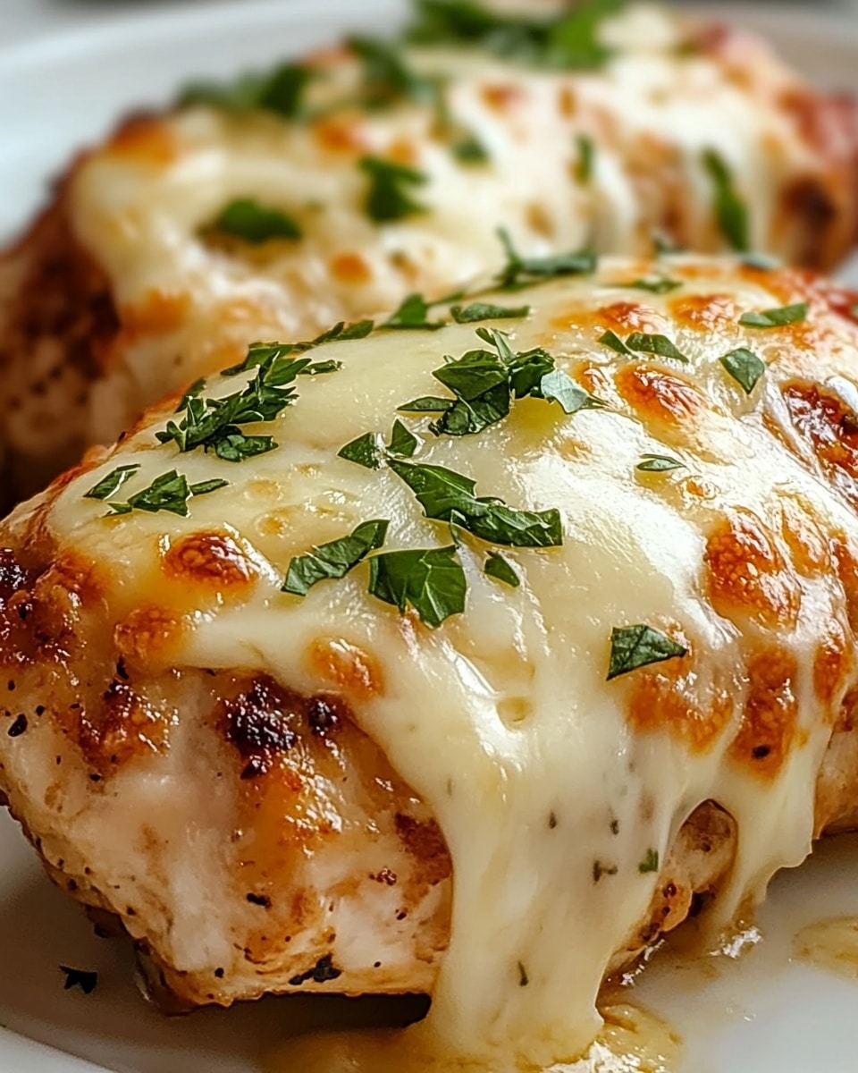 Two thick pieces of grilled meat are covered with a layer of melted white cheese that is slightly browned in spots. The cheese stretches smoothly over the top, with some small gatherings of golden-brown crisp bits. The meat beneath looks juicy with a cooked brown surface. Small green parsley flakes are sprinkled on top of the cheese and around the meat. Both pieces sit on a white plate on a white marbled surface. photo taken with an iphone --ar 4:5 --v 6.1