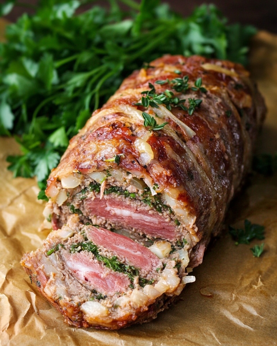 A long, thick roll with a brown, crispy outer layer speckled with bits of white, showing a rough texture on top. The roll is stuffed with melted white cheese oozing out at the front along with some green leafy vegetables and a layer of thin reddish slices, possibly ham. The dish sits on a light brown paper with a bunch of fresh green herbs blurred in the back on a white marbled surface. photo taken with an iphone --ar 4:5 --v 6.1