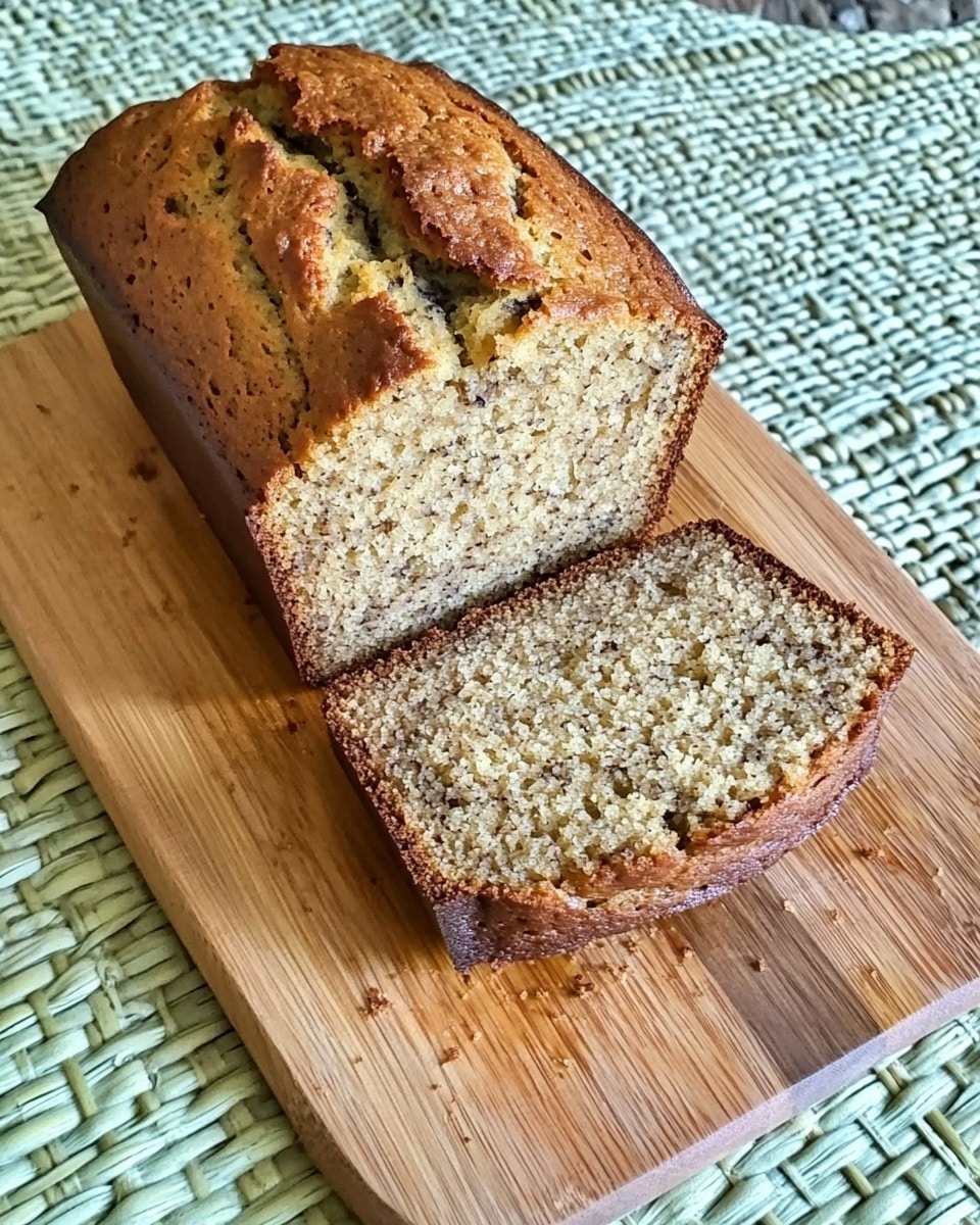 A loaf of banana bread with a golden brown crust sits on a wooden cutting board. The bread is sliced into four pieces, showing a soft, light brown interior with small dark specks scattered through it. The cutting board has a handle at the bottom and rests on a green woven textured surface, replaced by a white marbled texture. The focus is on the loaf, capturing the texture of the bread’s crust and crumb. photo taken with an iphone --ar 4:5 --v 6.1