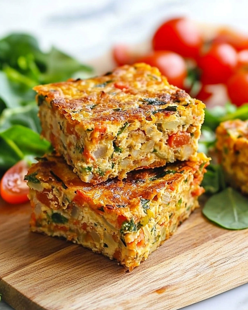 A square-shaped baked egg dish cut into nine equal pieces rests on brown parchment paper placed on a white marbled surface. The dish has a golden-brown crust on top with visible bits of green herbs and red bell peppers mixed throughout each piece. Each square shows a moist, soft texture inside with fluffy yellow eggs as the base mixed with vegetables, giving it a rich and colorful look. One piece is slightly pulled out, showing the thickness and mixed vegetable layers inside. Photo taken with an iphone --ar 4:5 --v 6.1