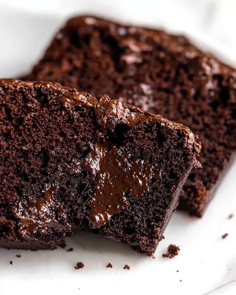 A close-up view of a dark brown chocolate loaf cake with a cracked top, showing a slightly rough and dense texture. The cake sits inside a white baking dish lined with parchment paper, and the dish has a thin blue rim along its edge. The background features a soft beige cloth draped beneath the dish on a white marbled surface. photo taken with an iphone --ar 4:5 --v 6.1