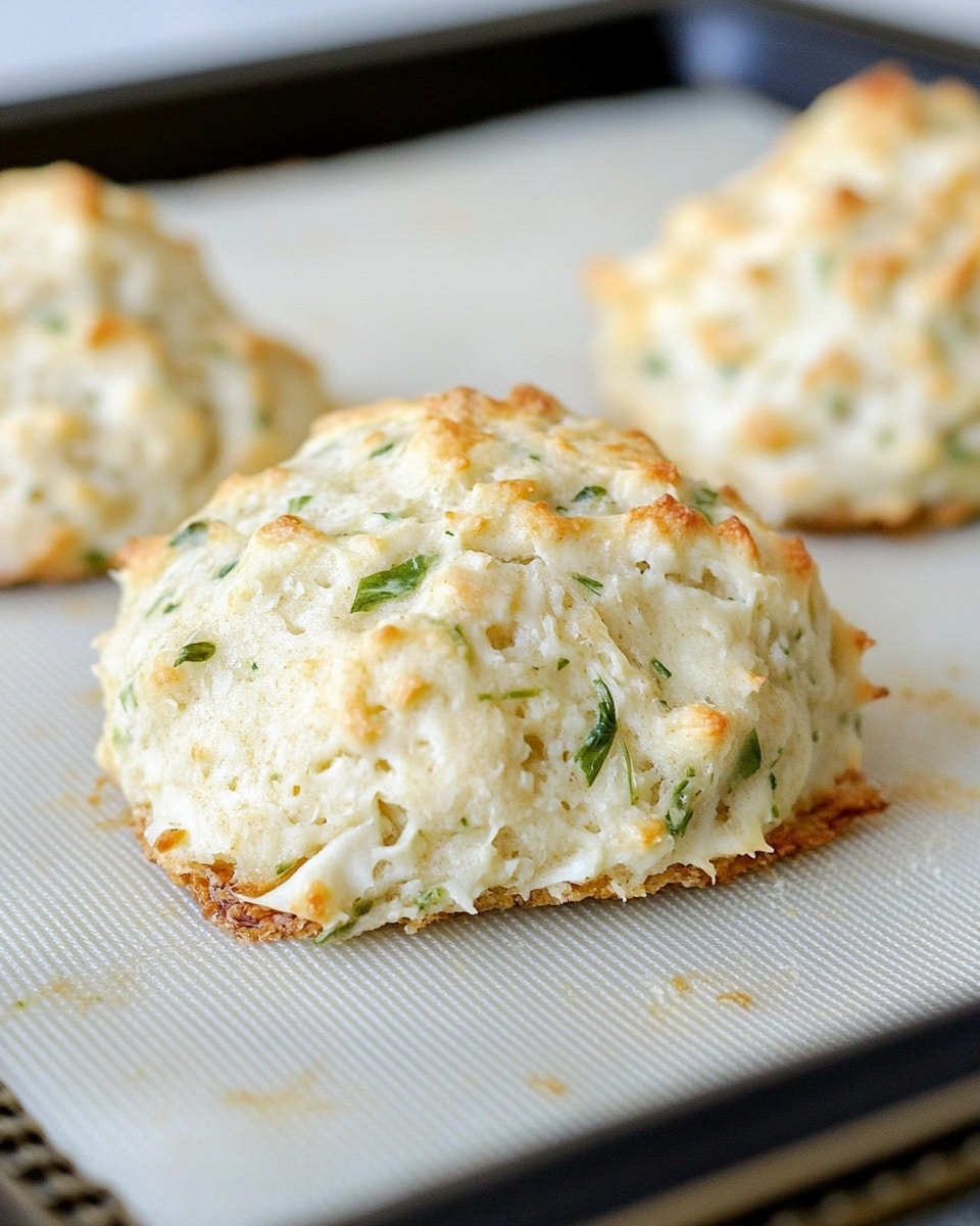 The image shows a close-up of a single golden biscuit with a soft, bumpy texture, studded with small green zucchini pieces and mild orange cheese bits, giving it a fresh and cheesy look. The biscuit sits on a gray textured mat that provides a neutral background. In the background, there are three more slightly blurred biscuits of the same kind, adding depth. The biscuit’s surface has light golden brown patches that hint at a gentle bake, and the edges look slightly crisp but still soft overall. Photo taken with an iphone --ar 4:5 --v 6.1
